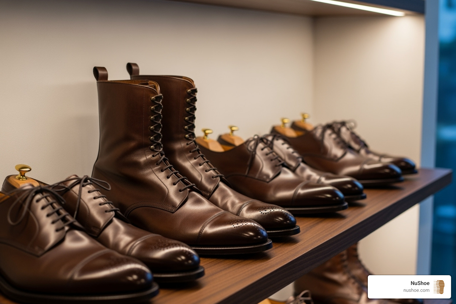 collection of beautifully restored high-end shoes - shoe repair while you wait