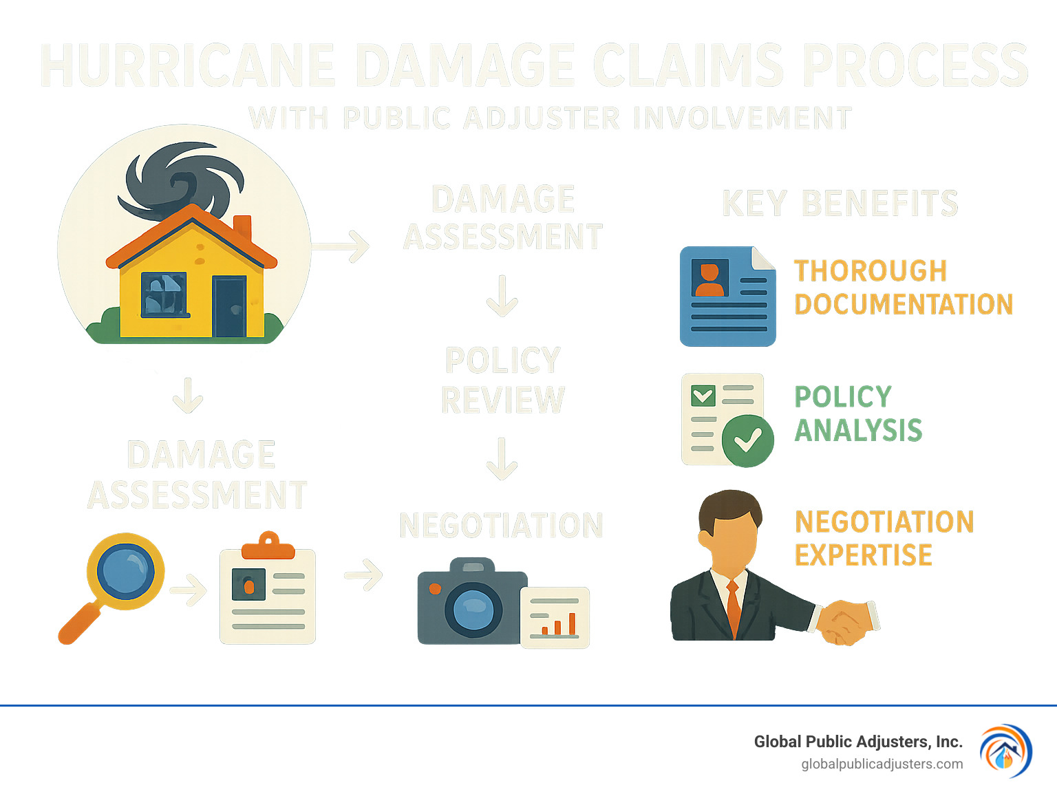 Detailed infographic showing the hurricane damage claims process with public adjuster involvement, including steps from initial damage assessment through final settlement, highlighting key benefits like thorough documentation, policy analysis, and negotiation expertise - hurricane damage public adjuster infographic 