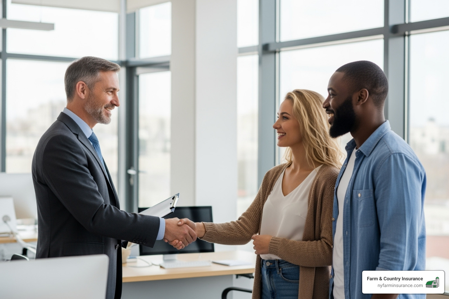 friendly insurance agent shaking hands with couple - home insurance auburn ny friendly insurance agent shaking hands with couple - home insurance auburn ny