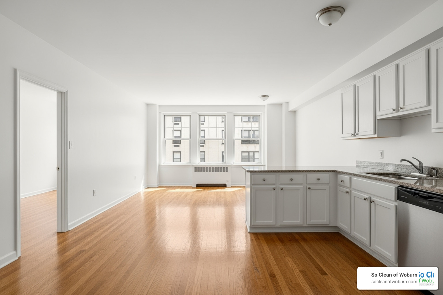 A clean, empty apartment showcasing gleaming floors and spotless surfaces after a professional move-out clean - arlington cleaning service