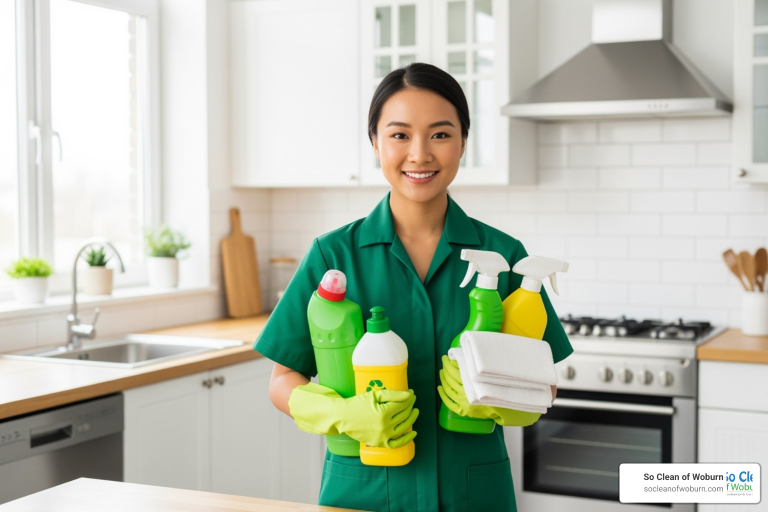 A cleaning professional holding eco-friendly cleaning products, emphasizing a commitment to sustainable and safe practices - arlington cleaning service