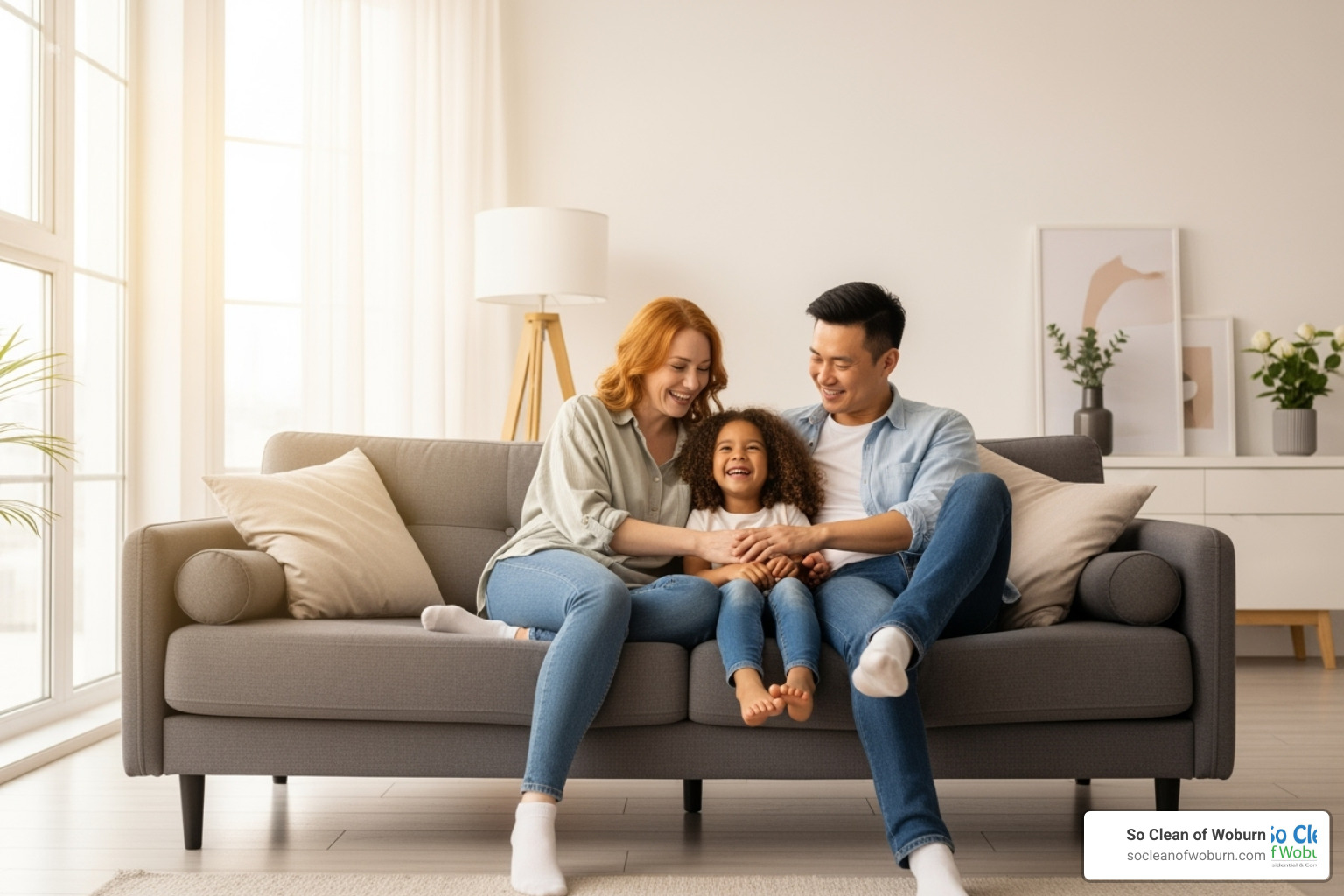 A happy family relaxing on a couch in their spotless living room, enjoying their reclaimed free time - arlington cleaning service