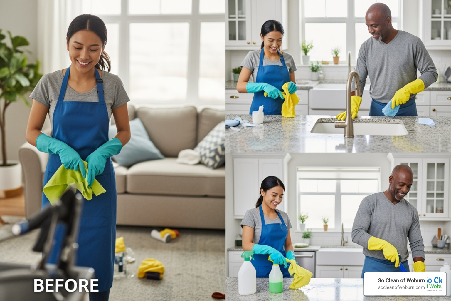 A professional cleaner carefully wiping down a kitchen counter, showcasing attention to detail - arlington cleaning service
