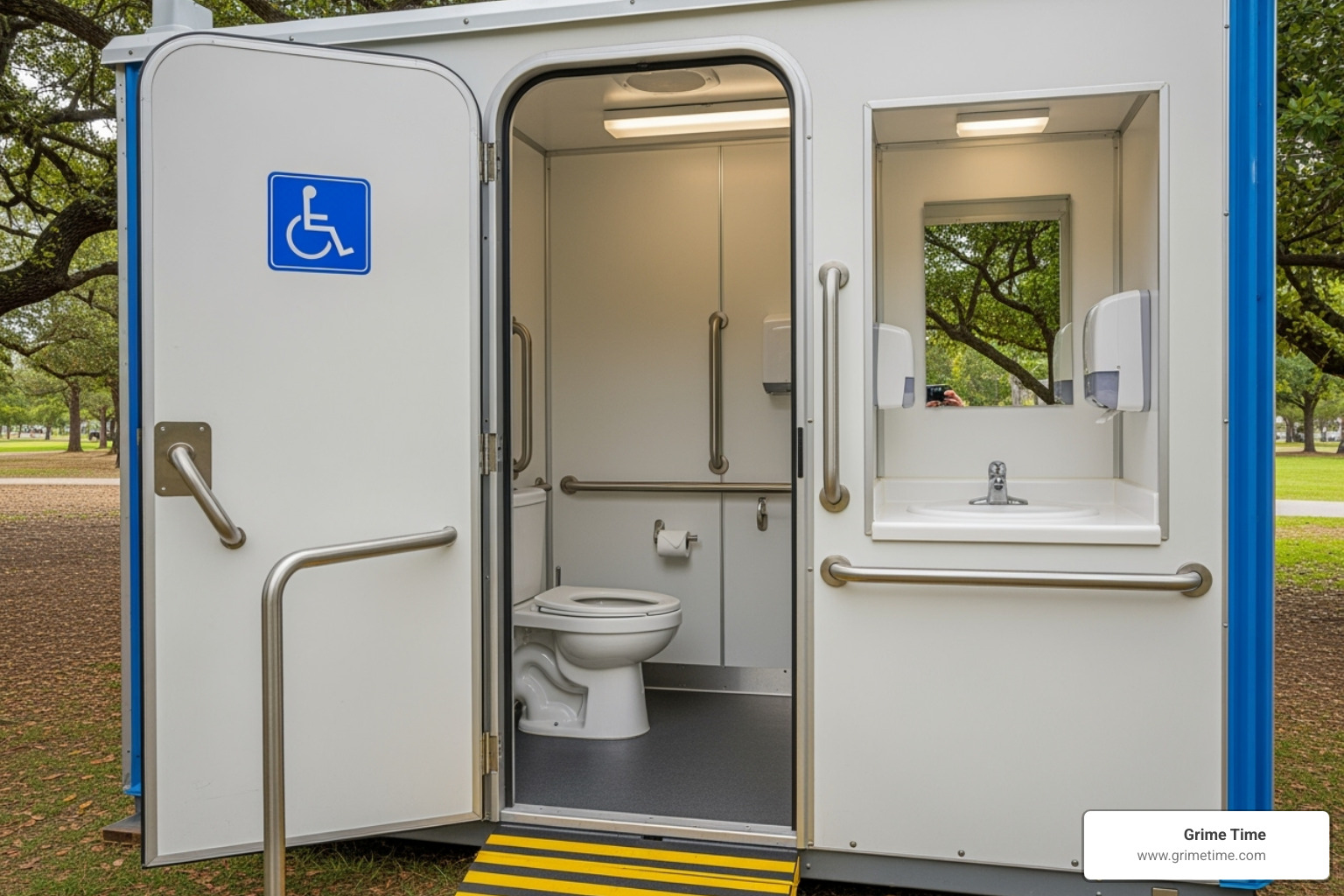 A spacious, clearly marked ADA-compliant portable toilet stands ready for use, emphasizing its accessibility features - portable toilets rental near me