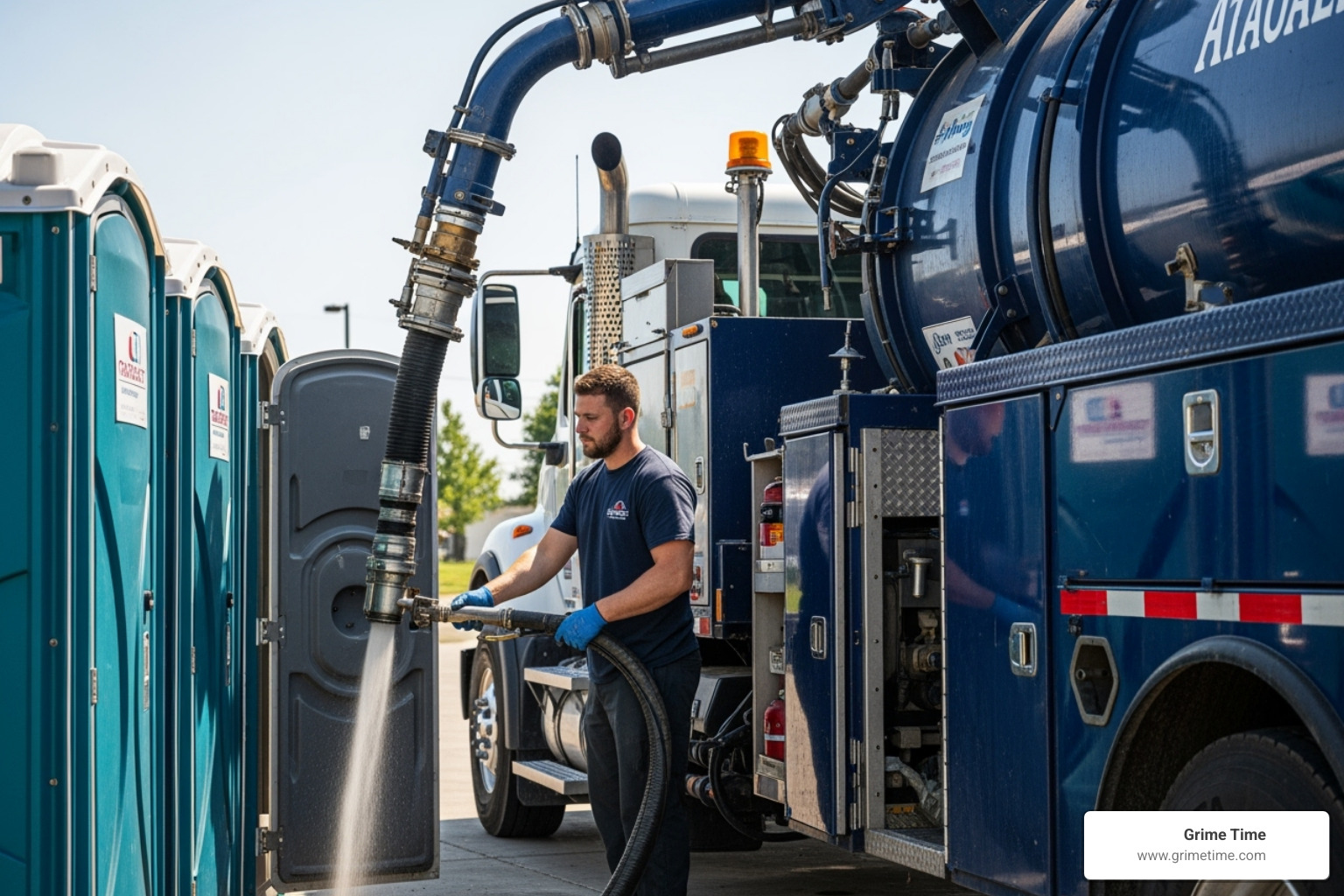 A professional service truck is shown in the process of cleaning a portable toilet unit, highlighting the maintenance aspect of the rental service - portable toilets rental near me