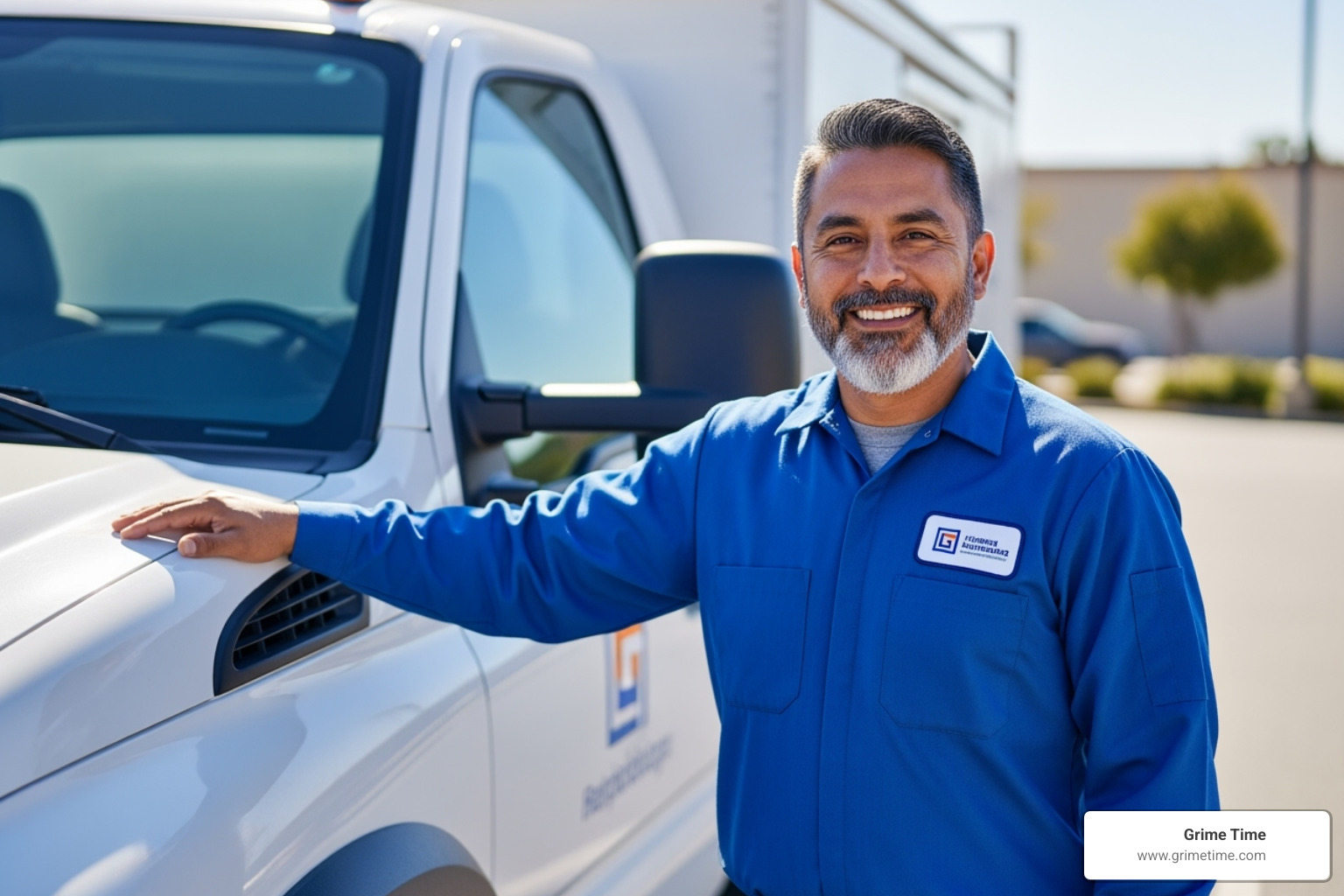 A friendly service professional stands next to a clean company truck, symbolizing reliable and customer-focused service - portable toilets rental near me
