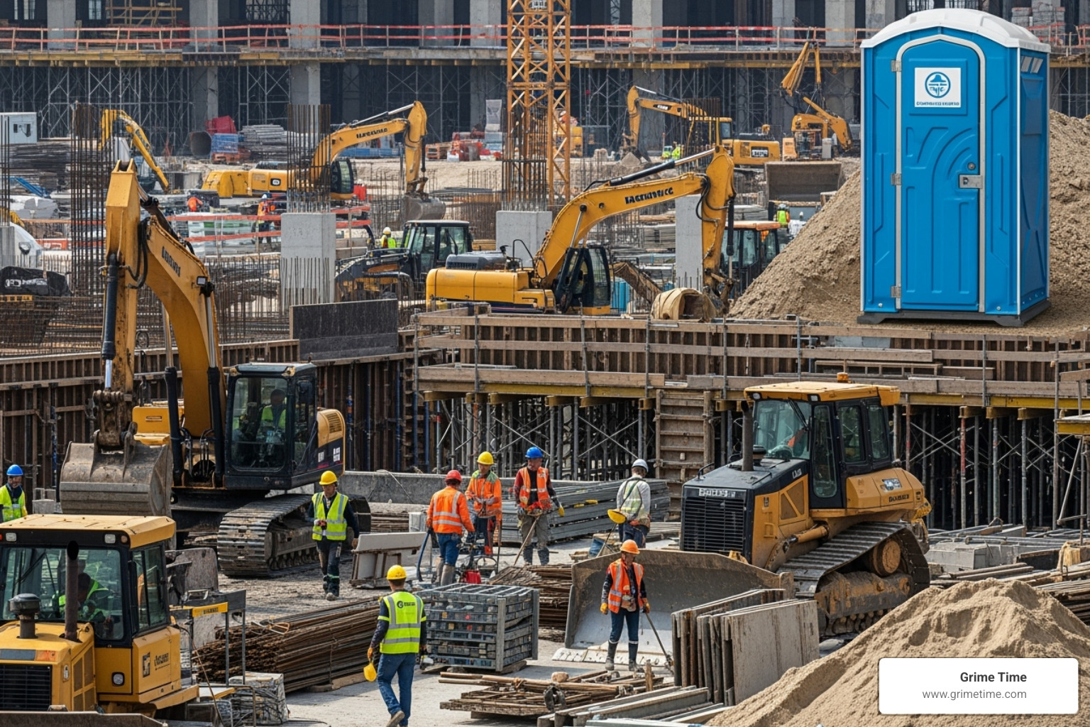 A construction site with a portable toilet visible in the background, illustrating a typical use case - portable toilets rental near me