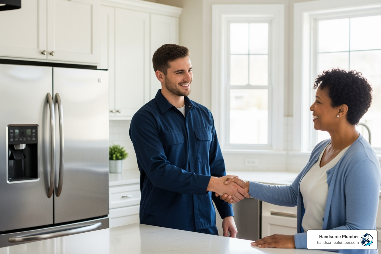 friendly, professional plumber shaking a homeowner's hand - north las vegas plumbing
