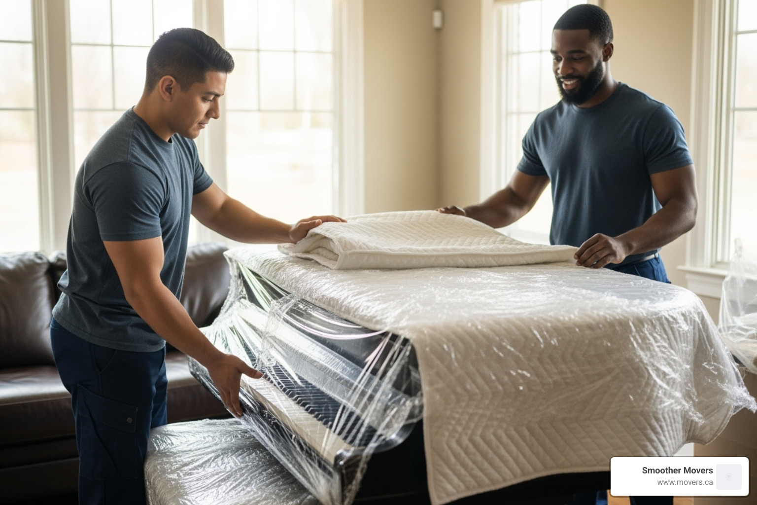 Smoother Movers carefully wrapping a grand piano - movers burnaby