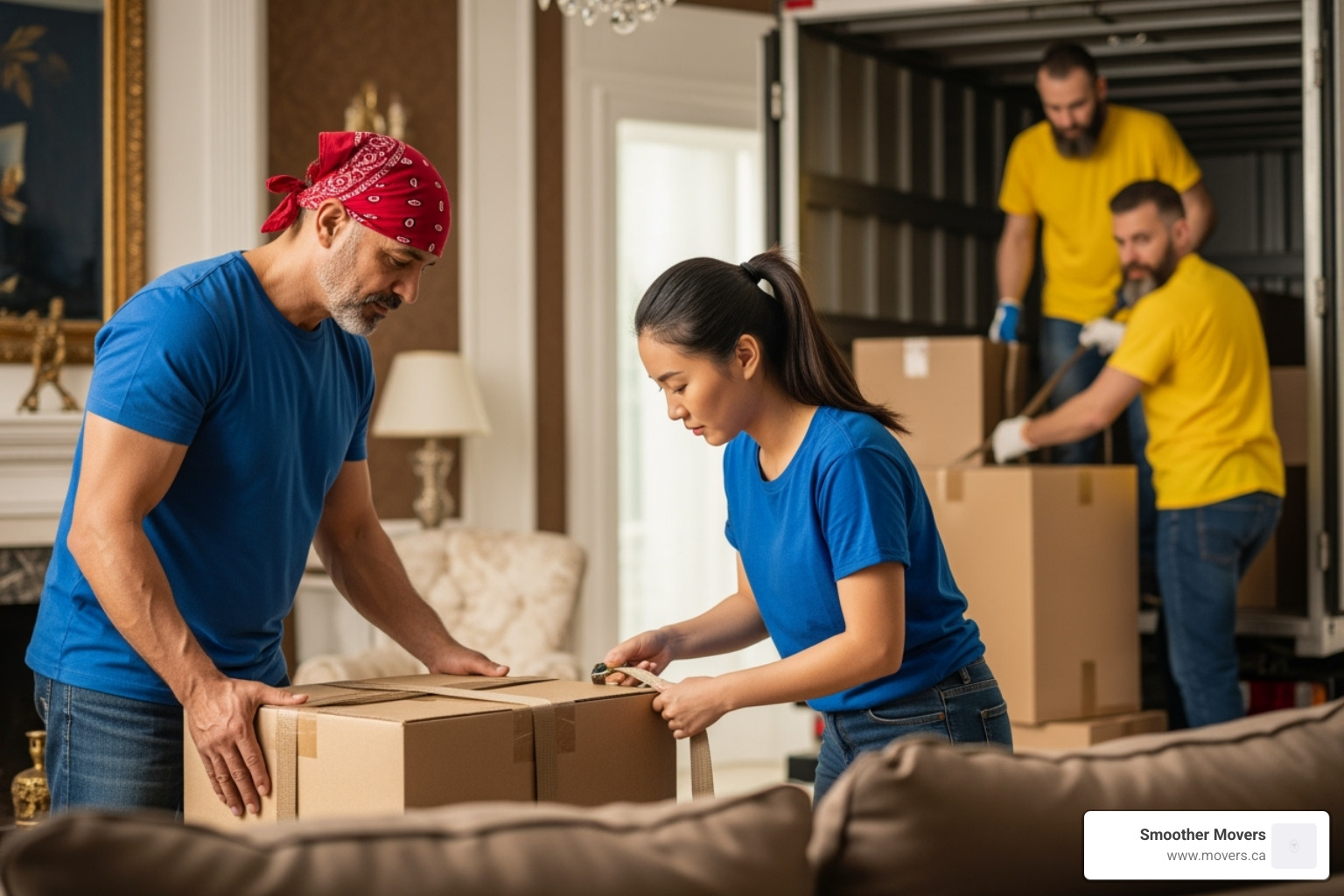 Smoother Movers team working together efficiently in a furnished room - movers burnaby