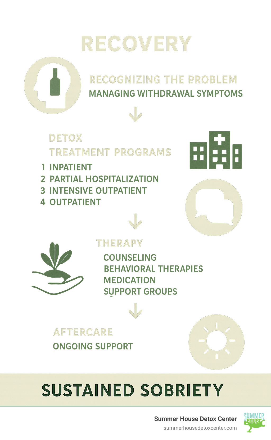 Comprehensive infographic showing the alcohol addiction recovery journey from initial recognition of problem through detox, various treatment program levels, therapy components, and long-term aftercare support leading to sustained sobriety - alcohol rehab programs infographic 