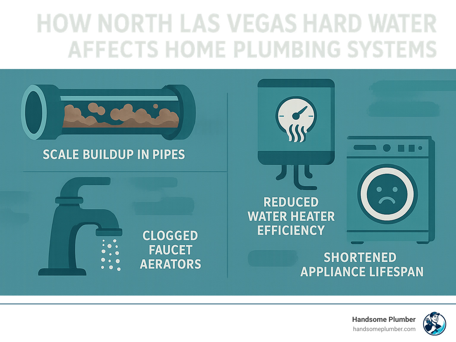 Infographic showing how North Las Vegas hard water affects home plumbing systems including scale buildup in pipes, reduced water heater efficiency, clogged faucet aerators, and shortened appliance lifespan - north las vegas plumbing infographic 