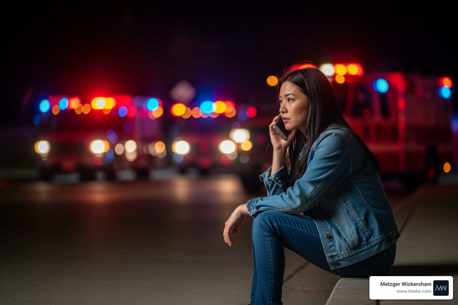 Person sitting on a curb, talking on the phone with emergency lights blurred in the background - Harrisburg pedestrian accident attorney