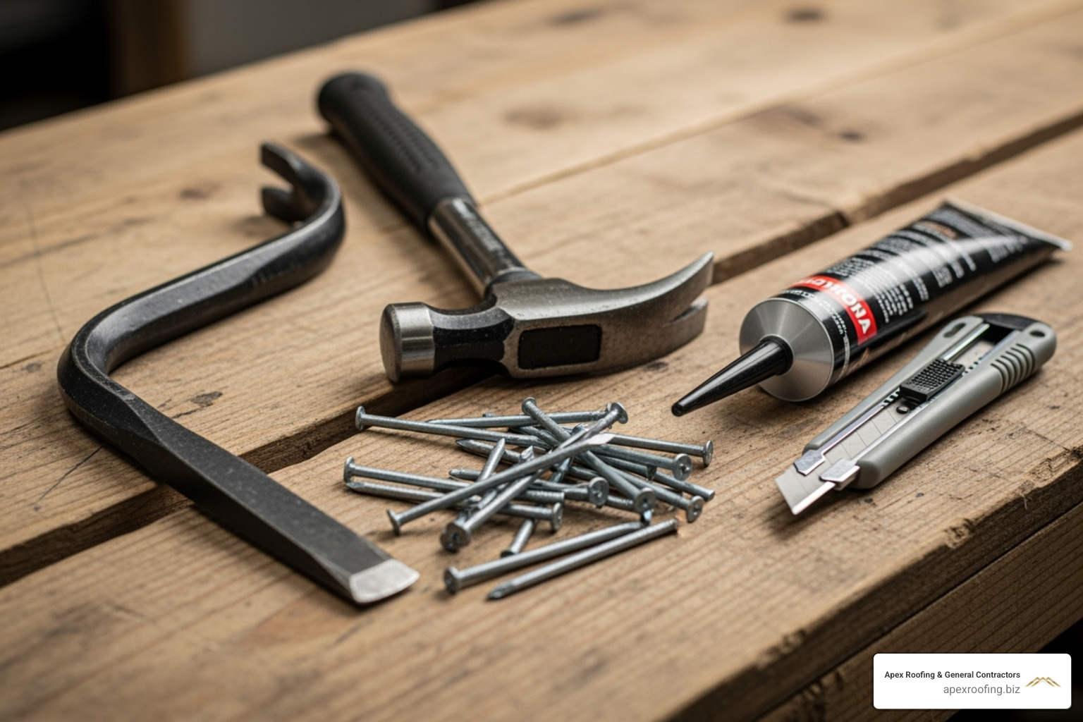 essential tools for shingle repair: pry bar, hammer, roofing nails, utility knife, and roofing sealant - handyman shingle repair