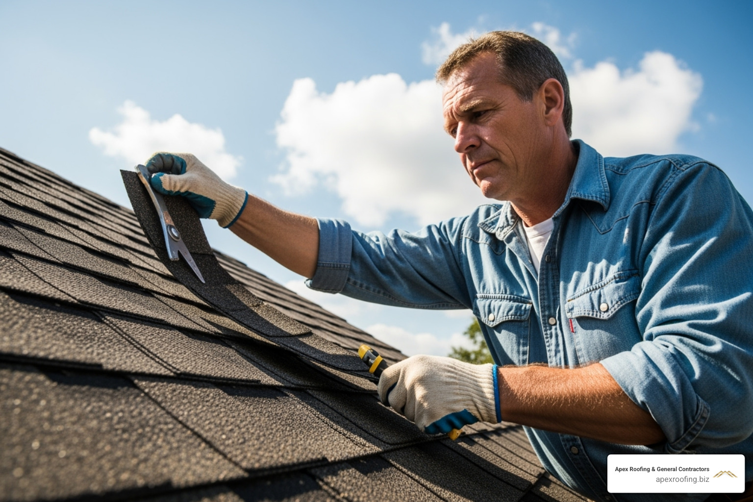 handyman replacing a single shingle on a low-pitch roof - handyman shingle repair