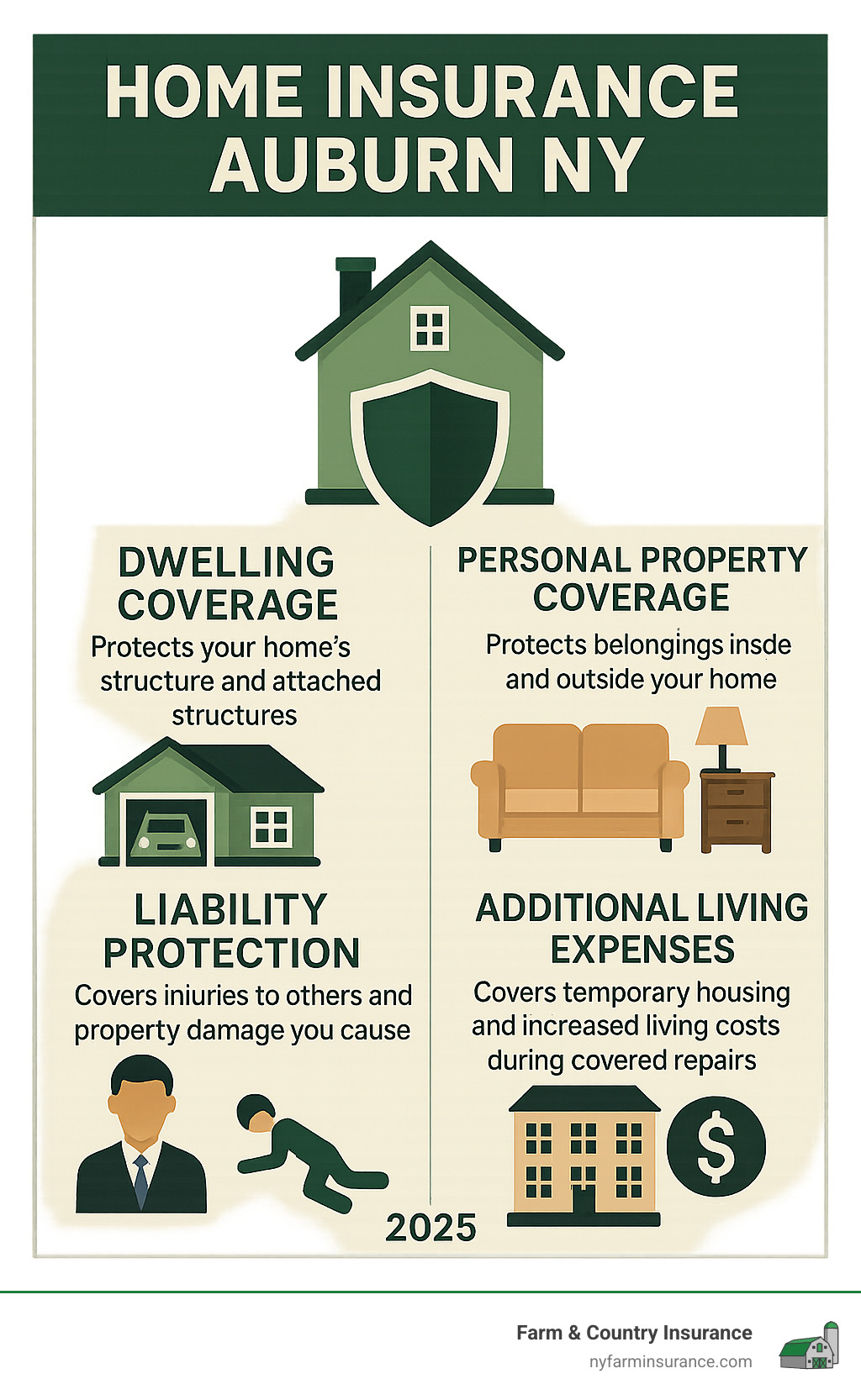 Comprehensive infographic showing the four essential components of Auburn NY home insurance: Dwelling Coverage (protects your home's structure and attached structures), Personal Property Coverage (protects belongings inside and outside your home), Liability Protection (covers injuries to others and property damage you cause), and Additional Living Expenses (covers temporary housing and increased living costs during covered repairs) - home insurance auburn ny infographic Comprehensive infographic showing the four essential components of Auburn NY home insurance: Dwelling Coverage (protects your home's structure and attached structures), Personal Property Coverage (protects belongings inside and outside your home), Liability Protection (covers injuries to others and property damage you cause), and Additional Living Expenses (covers temporary housing and increased living costs during covered repairs) - home insurance auburn ny infographic