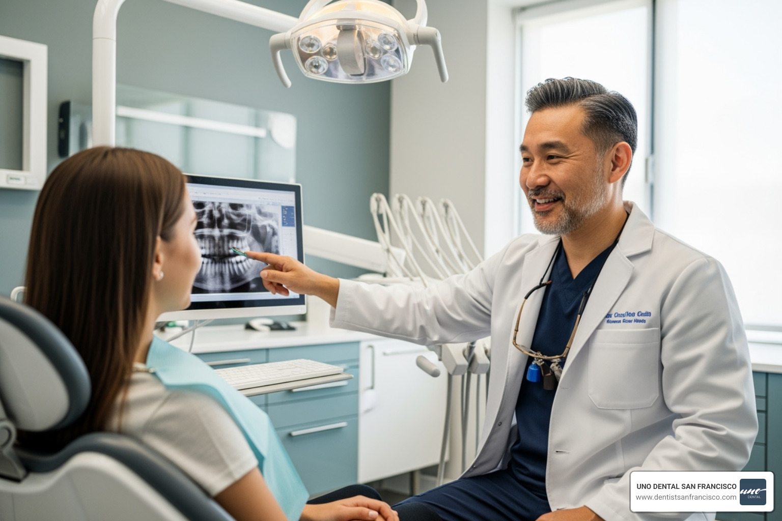 dentist consulting with a patient, showing digital x-rays - holistic tooth extraction