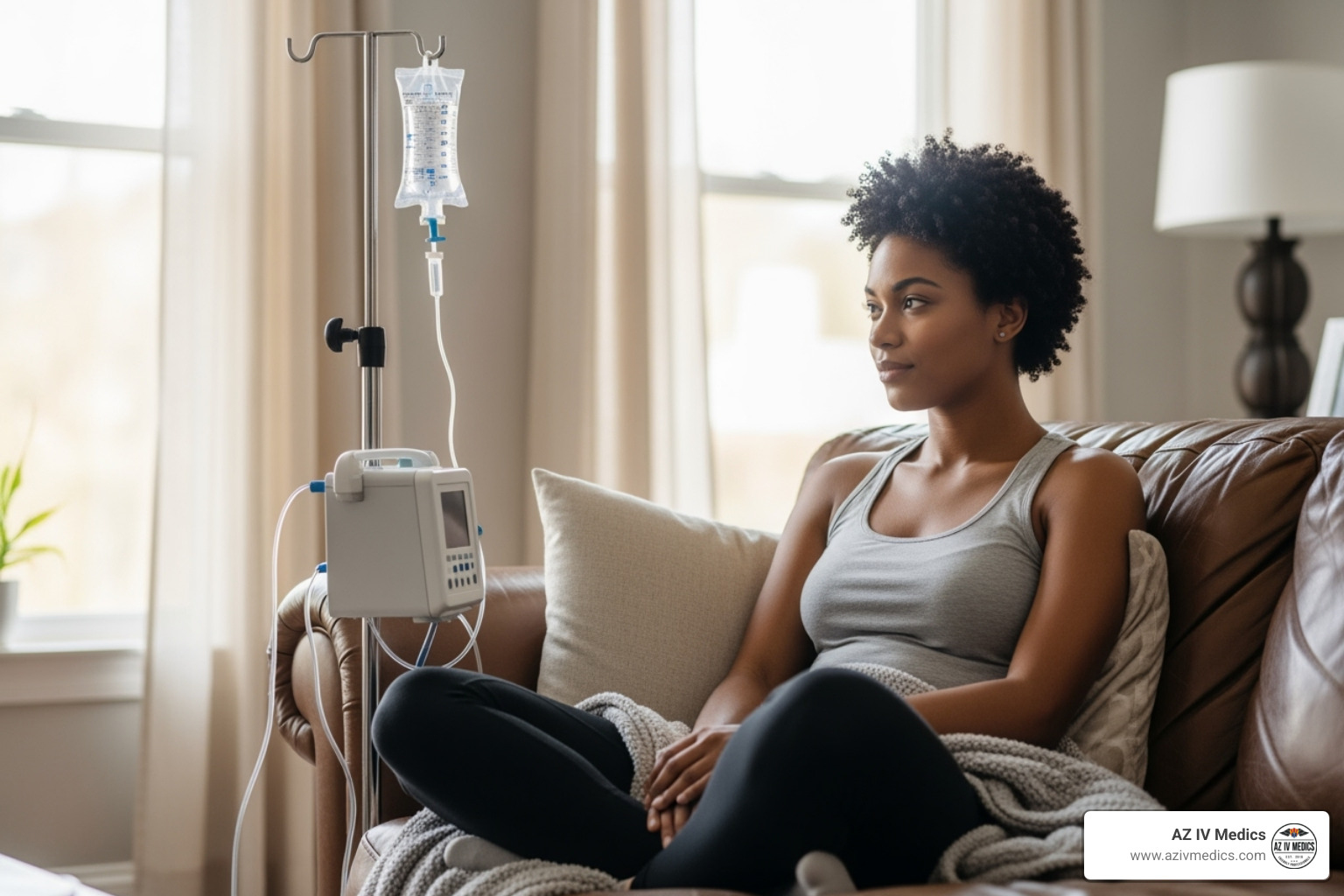 Person relaxing comfortably while receiving an IV drip at home - beauty iv
