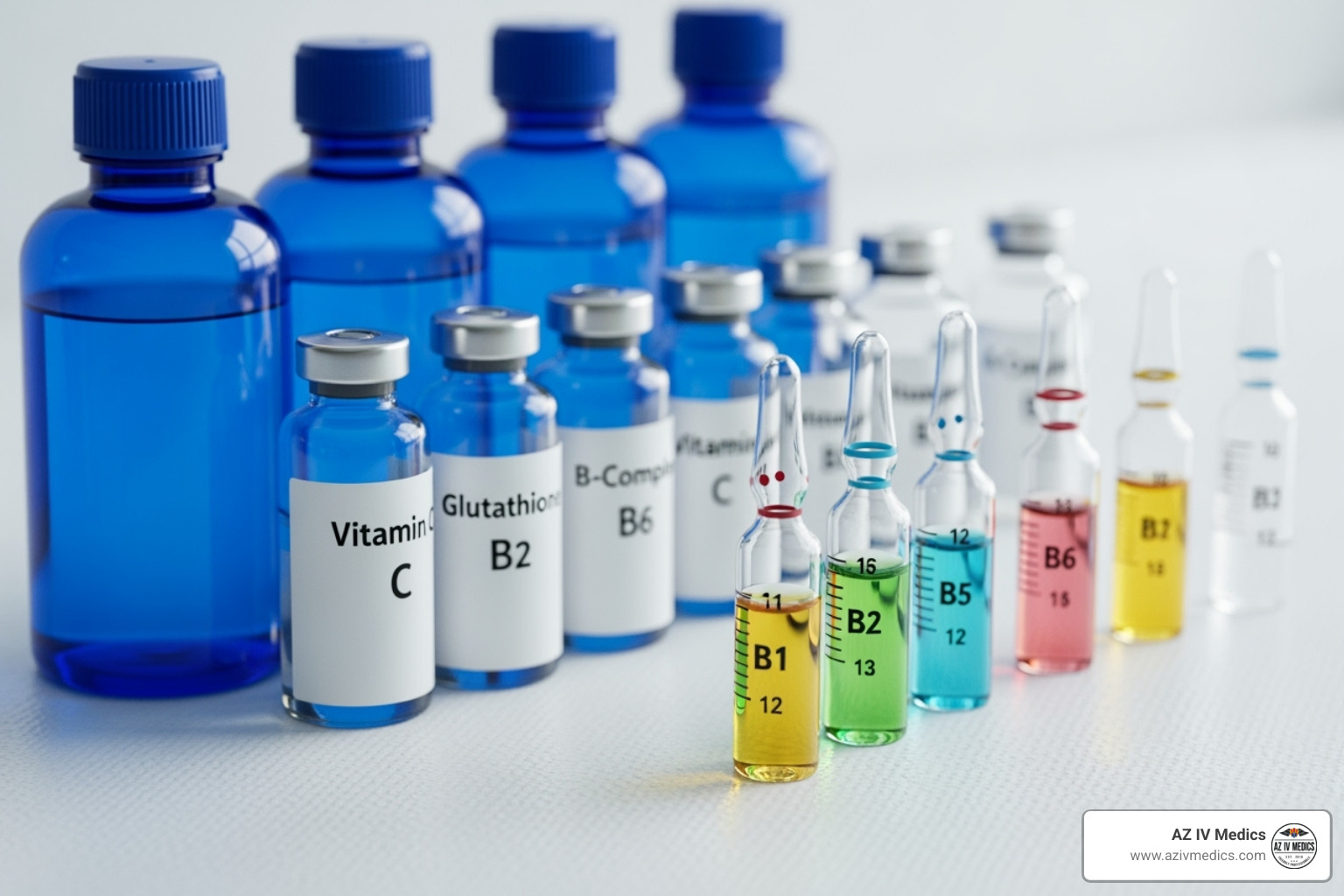 Common IV drip ingredients like Vitamin C, Glutathione, and B-complex vitamins - beauty iv