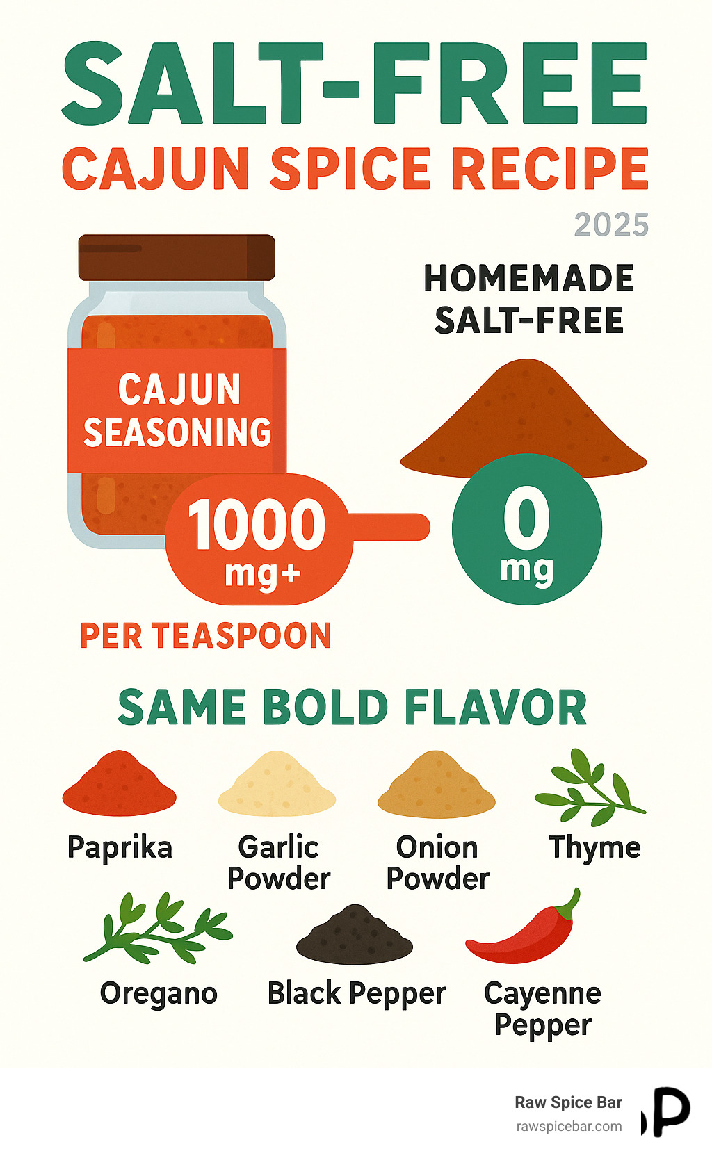 Infographic comparing sodium content: Store-bought Cajun seasoning contains 1000mg+ sodium per teaspoon, while homemade salt-free version contains 0mg sodium with same bold flavor profile using paprika, garlic powder, onion powder, thyme, oregano, black pepper, and cayenne pepper - salt free cajun spice recipe infographic 