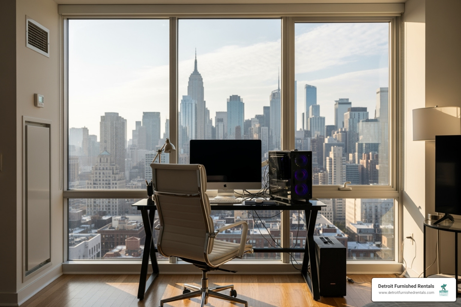 a modern apartment with a dedicated workspace and city view - accommodation in detroit