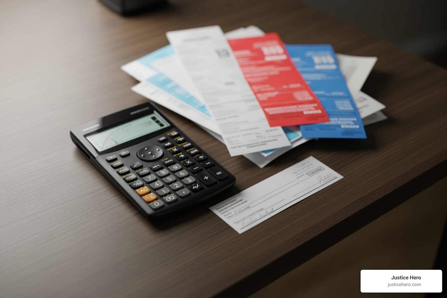 calculator with medical bills and a check - personal injury motor vehicle lawsuit