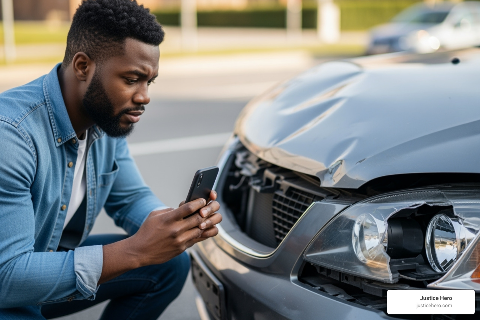 person taking photos of car damage with a smartphone - personal injury motor vehicle lawsuit