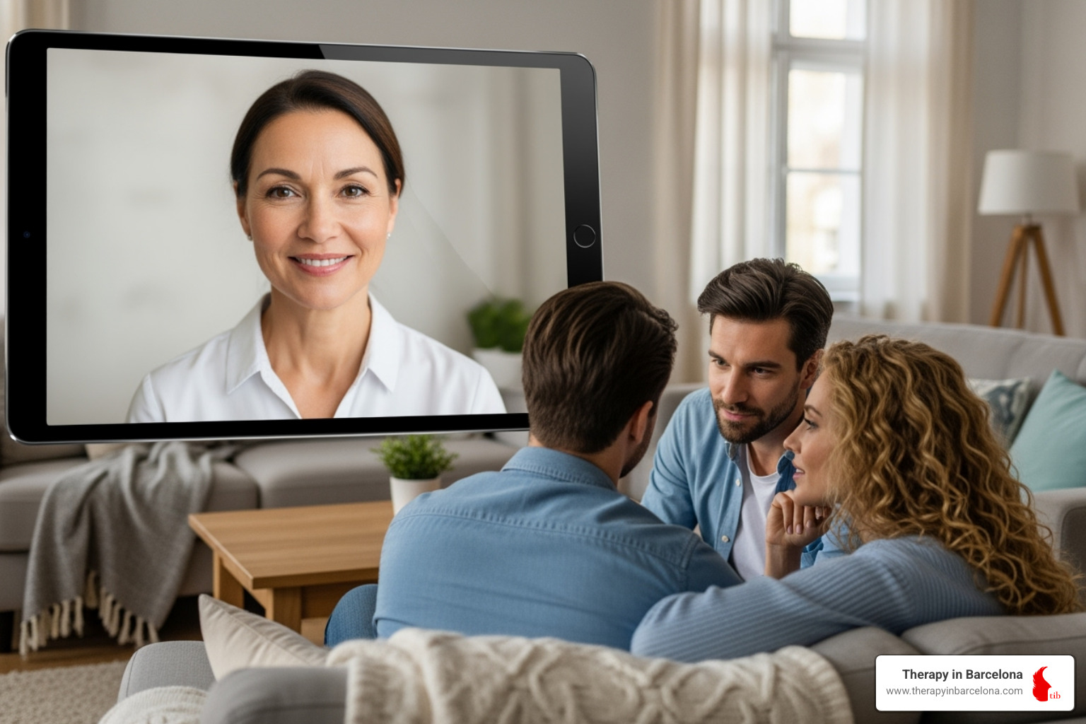 therapist's warm and professional face on a tablet screen, with a couple listening attentively in the foreground - Online therapy for couples therapist's warm and professional face on a tablet screen, with a couple listening attentively in the foreground - Online therapy for couples