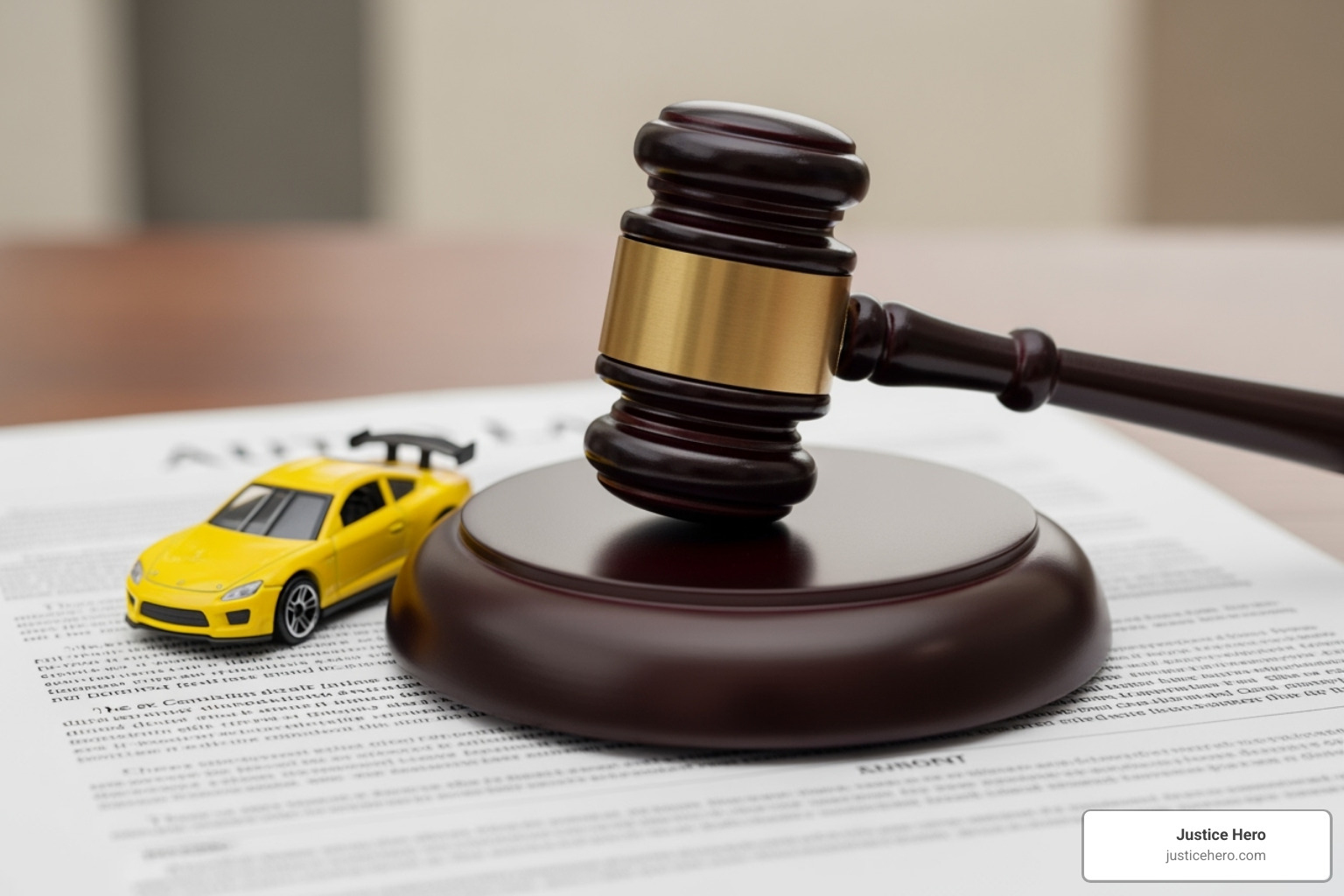 gavel and a toy car, symbolizing auto law - personal injury motor vehicle lawsuit