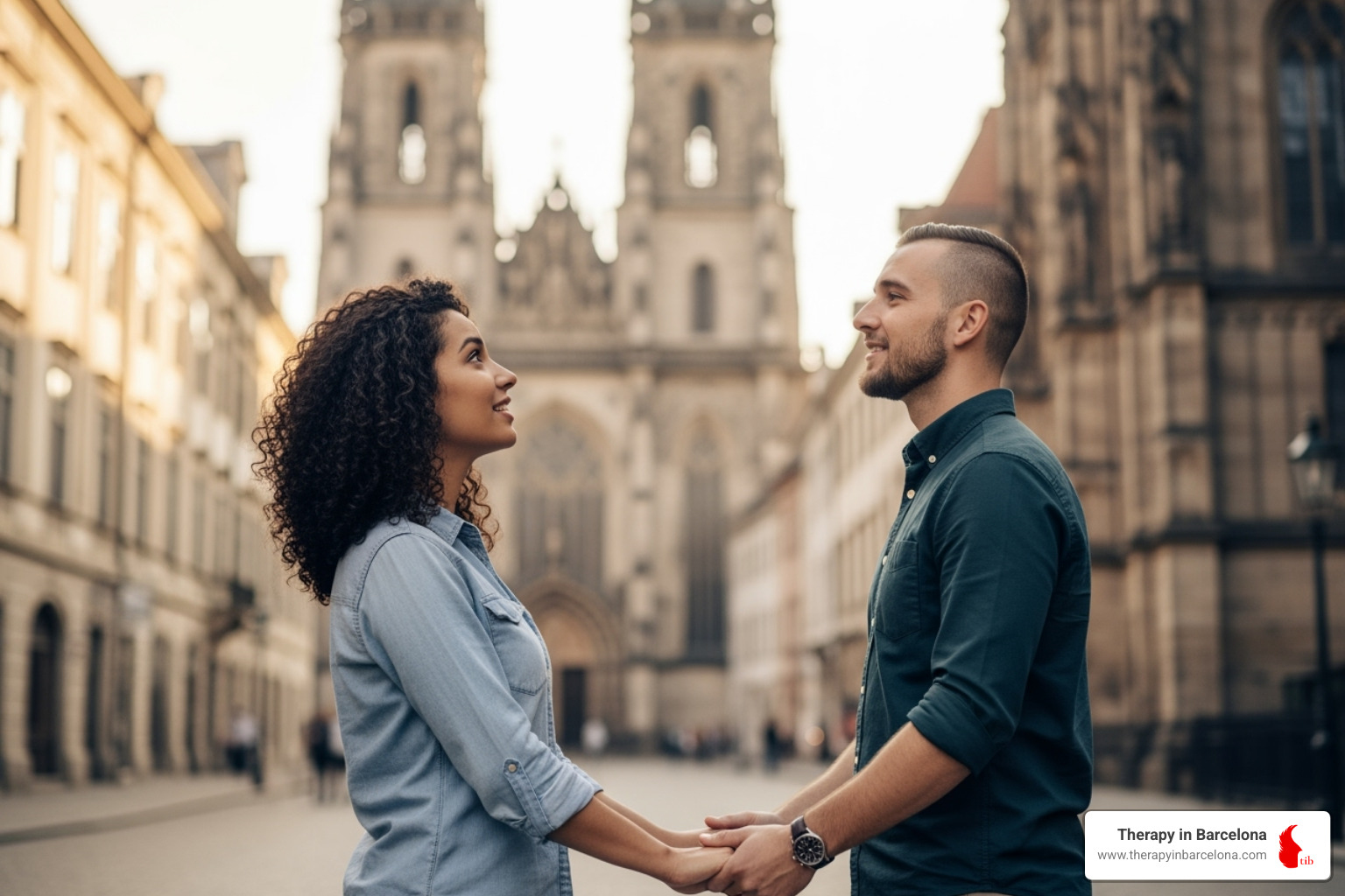couple holding hands and looking hopefully towards the future, with a subtle travel or European background - Online therapy for couples couple holding hands and looking hopefully towards the future, with a subtle travel or European background - Online therapy for couples