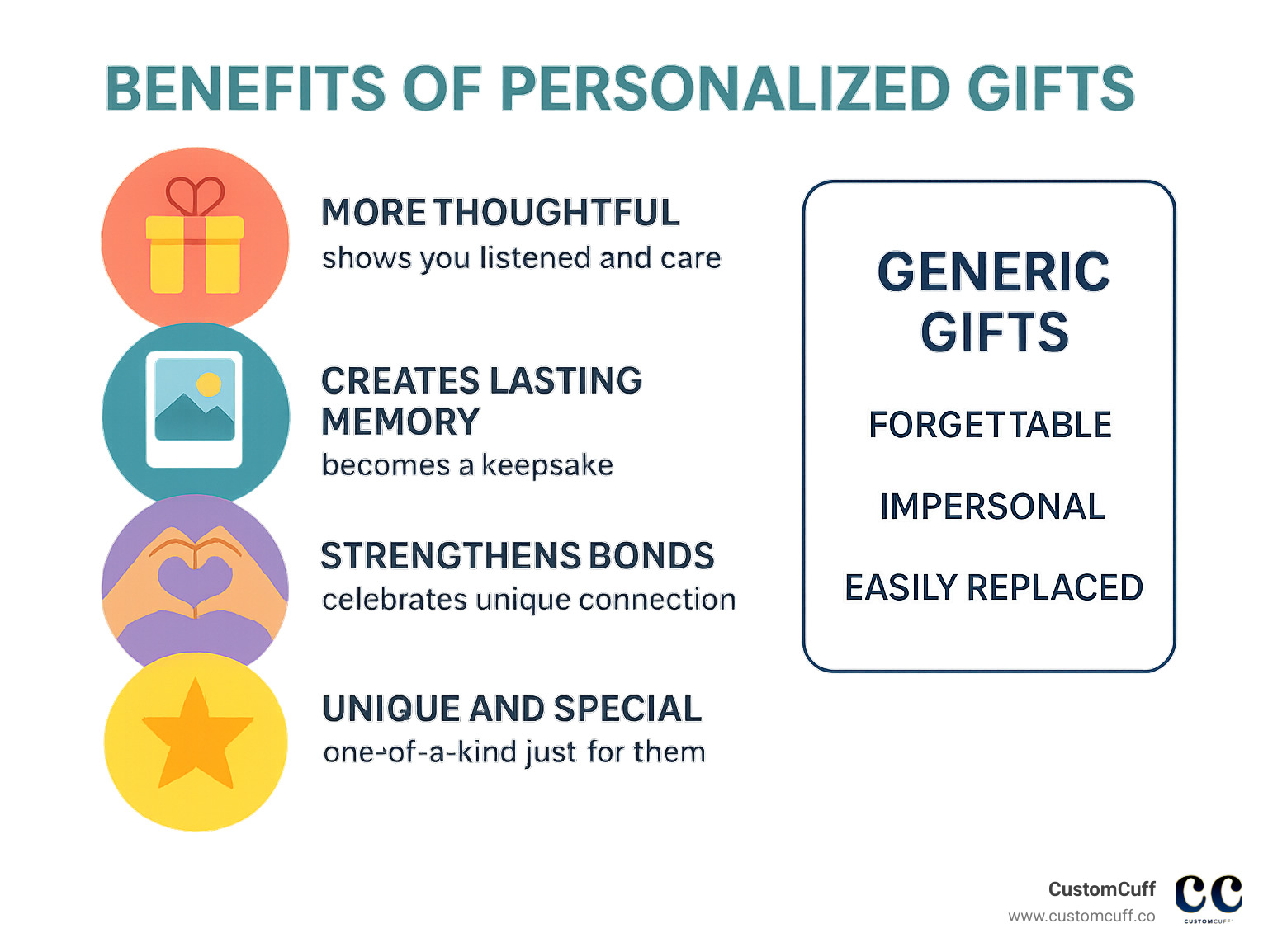 Infographic showing benefits of personalized gifts: More Thoughtful (shows you listened and care), Creates Lasting Memory (becomes a keepsake), Strengthens Bonds (celebrates unique connection), Unique and Special (one-of-a-kind just for them), versus generic gifts which are forgettable, impersonal, and easily replaced - personalized couple gifts infographic 