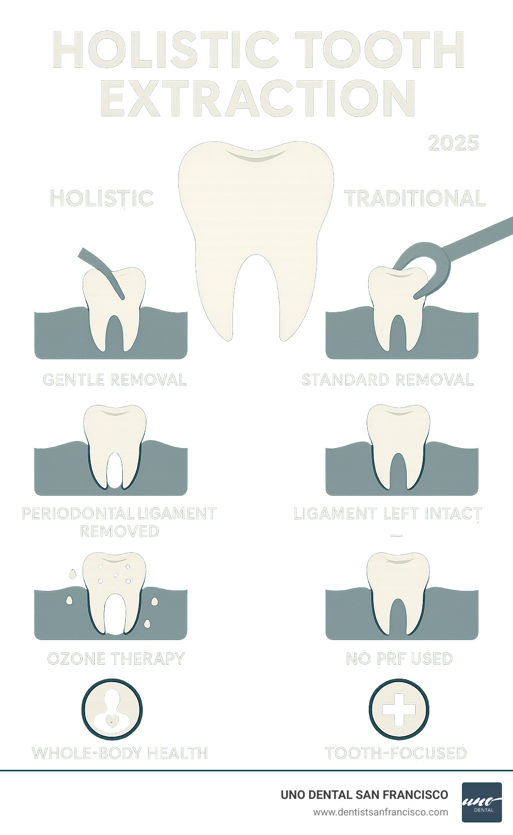 Infographic showing the key differences between traditional and holistic tooth extraction, including gentle removal techniques, complete periodontal ligament removal, ozone therapy application, PRF placement, and whole-body health considerations versus standard extraction methods - holistic tooth extraction infographic 