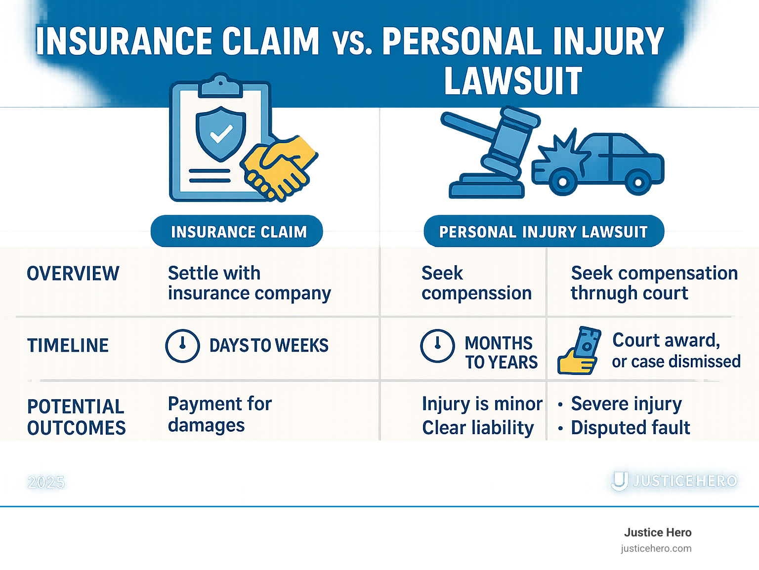 Infographic showing the difference between filing an insurance claim versus filing a personal injury lawsuit, including timelines, requirements, potential outcomes, and when each option is most appropriate - personal injury motor vehicle lawsuit infographic 
