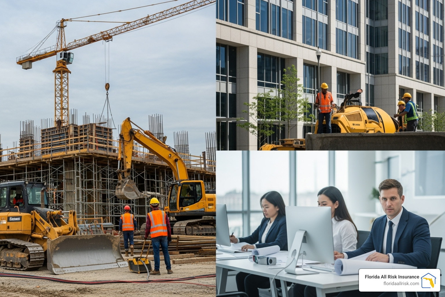 image of a high-risk construction site next to a low-risk office environment - liability insurance cost