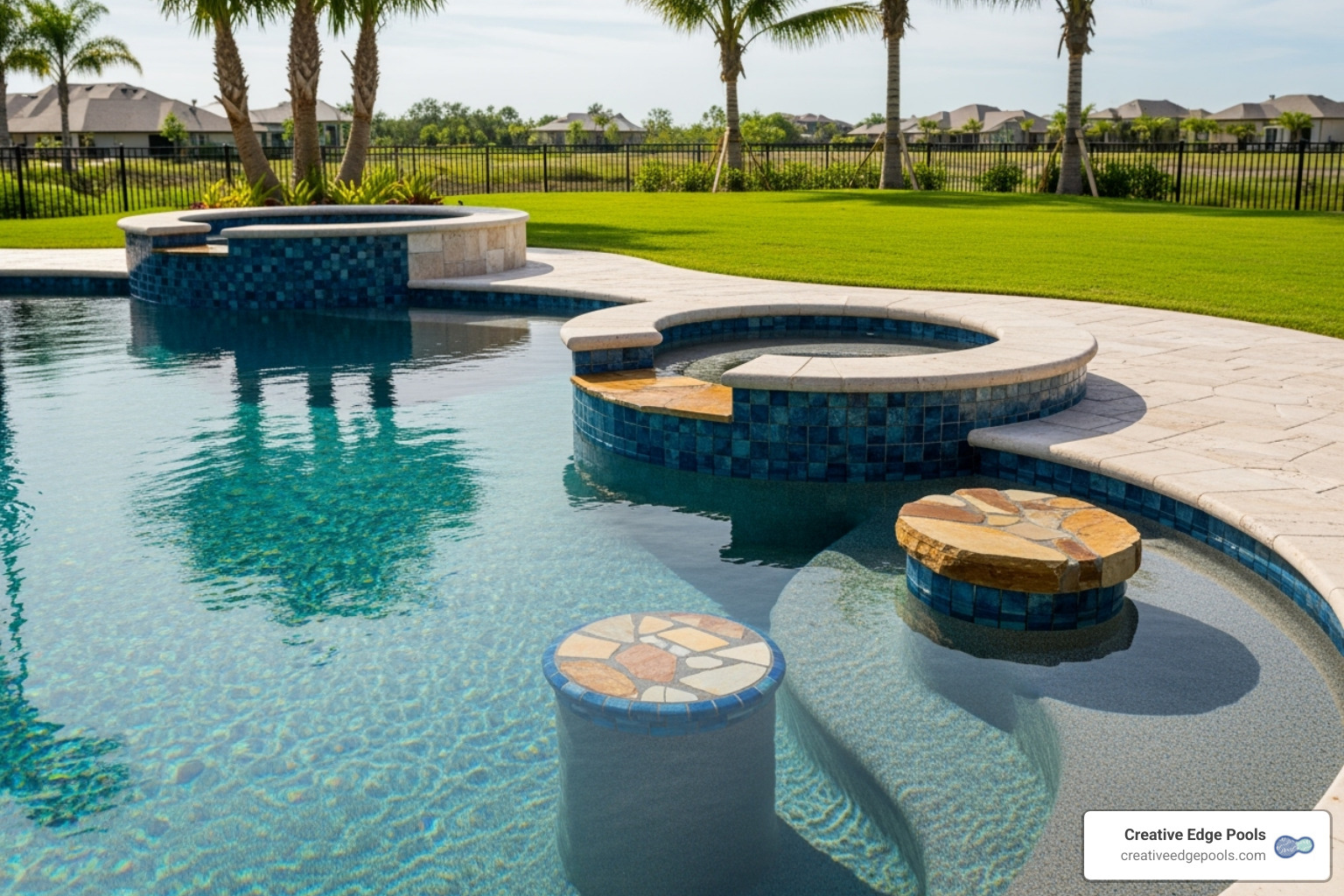 A collection of custom gunite pool stools, finished with tile and stone, integrated into a luxurious pool design - pool stools