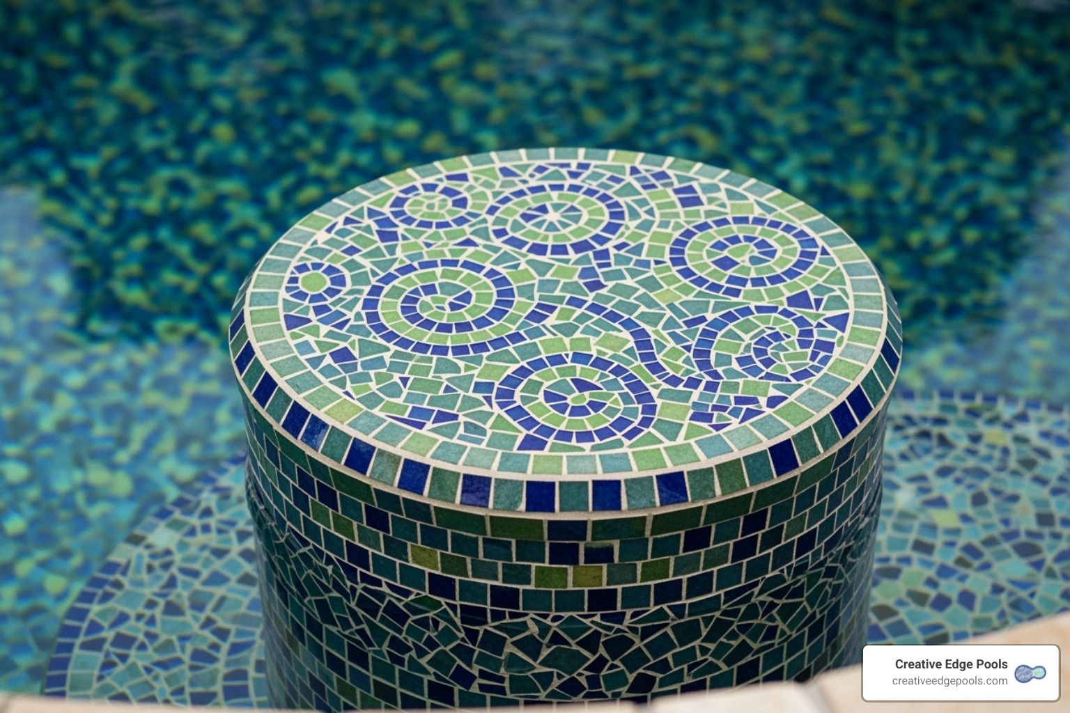 Close-up of a carefully tiled gunite pool stool, showing intricate mosaic details - pool stools