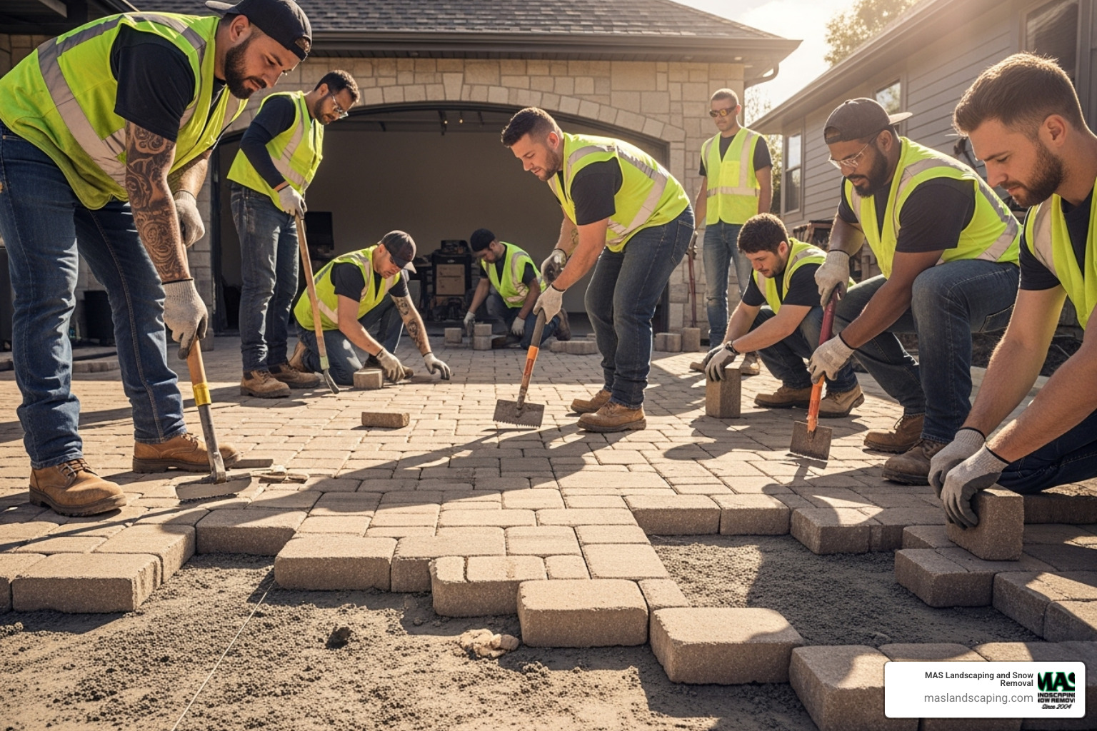 professional hardscape crew carefully laying pavers - hardscape installation near me