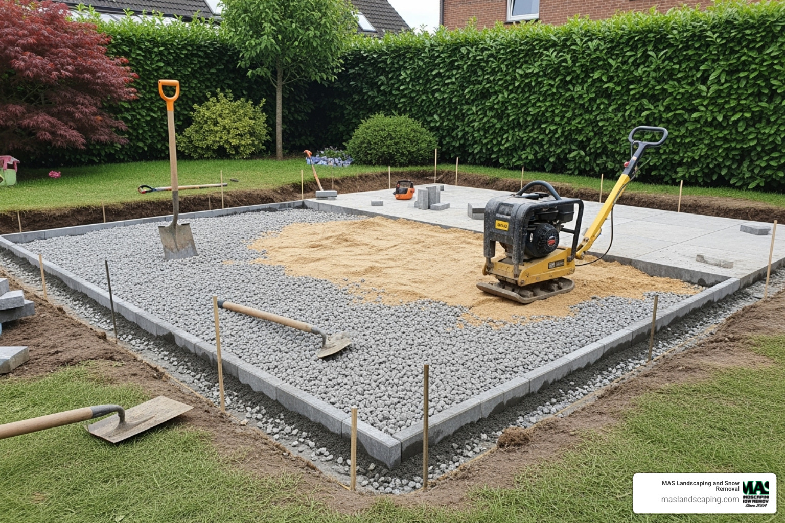 complex hardscape project under construction, showing the base preparation - hardscape installation near me