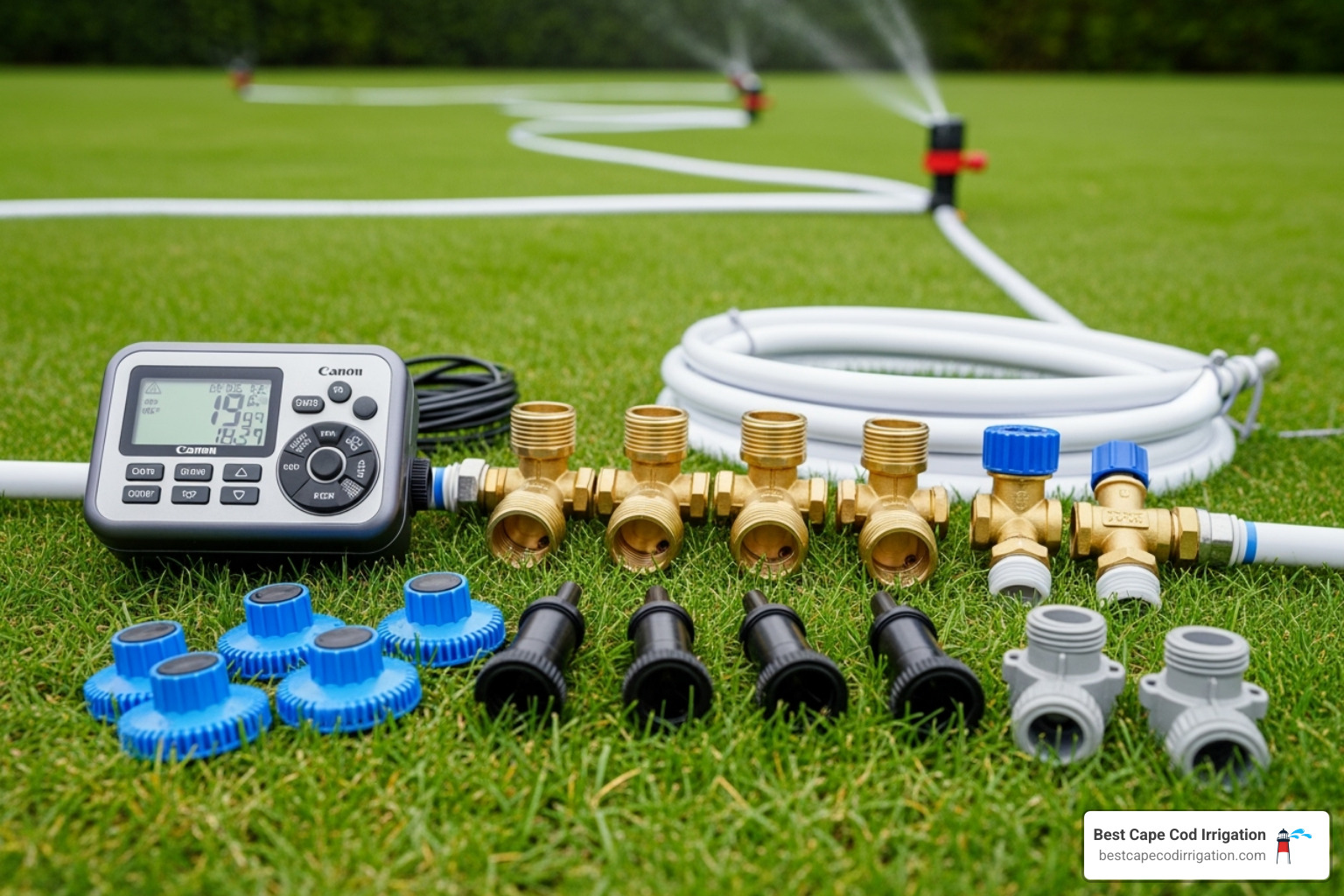 Image of essential components like a timer, valves, tubing, and sprinkler heads laid out on a lawn. - automatic watering systems