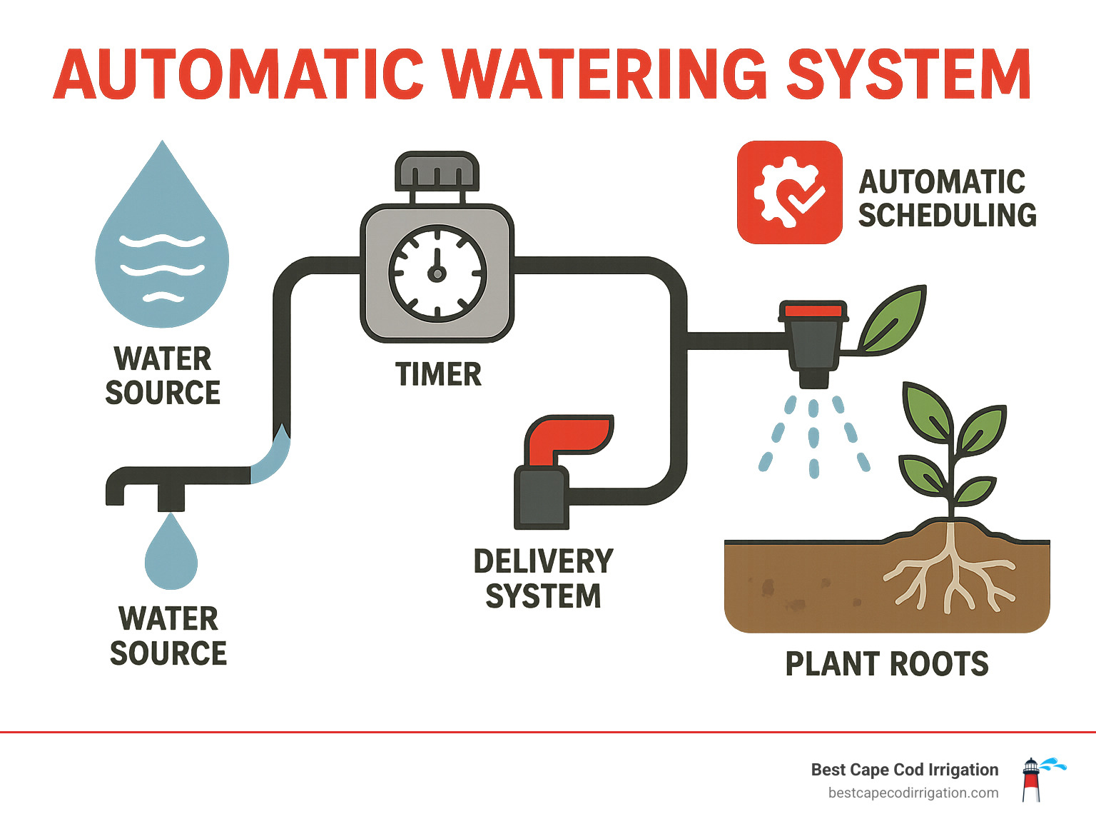 Infographic showing water flow from source through timer, pipes, and delivery system to plant roots with automatic scheduling controls - automatic watering systems infographic 