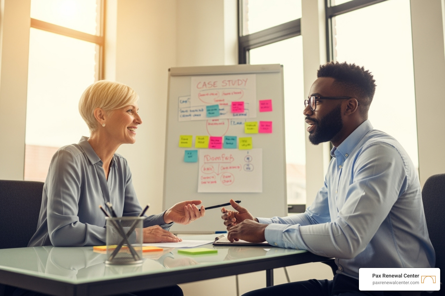 Two counselors engaged in a professional and collaborative discussion, illustrating the supervisor-supervisee relationship. - lpc supervision louisiana