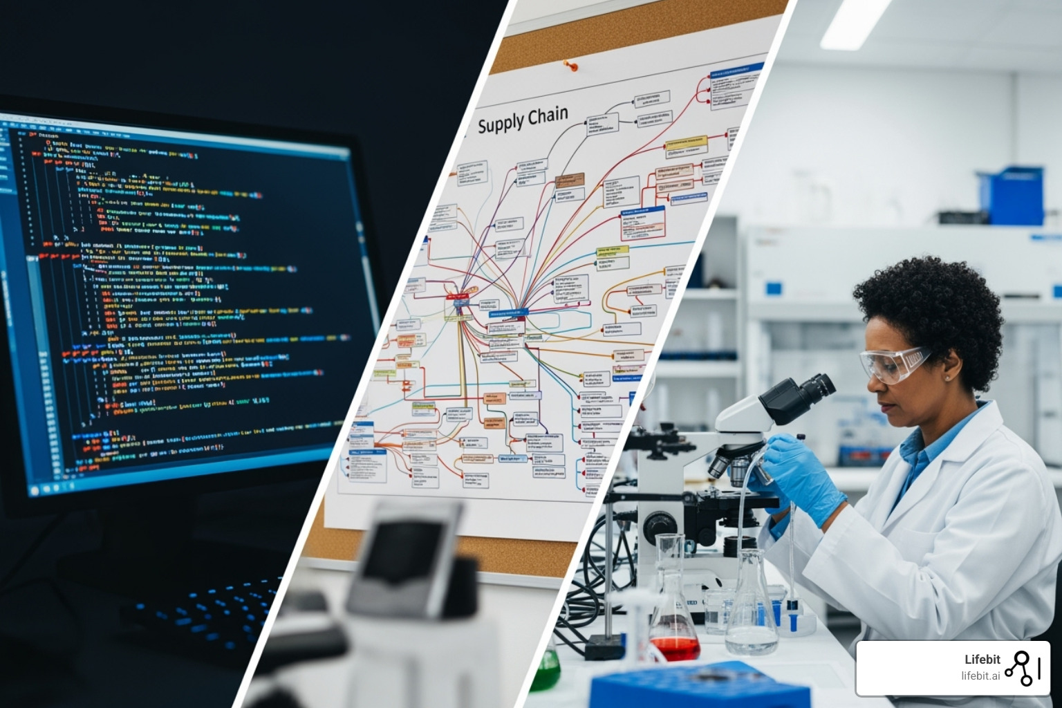 Collage of computer screen with code, supply chain diagram, and scientist in lab - definition of sequencing