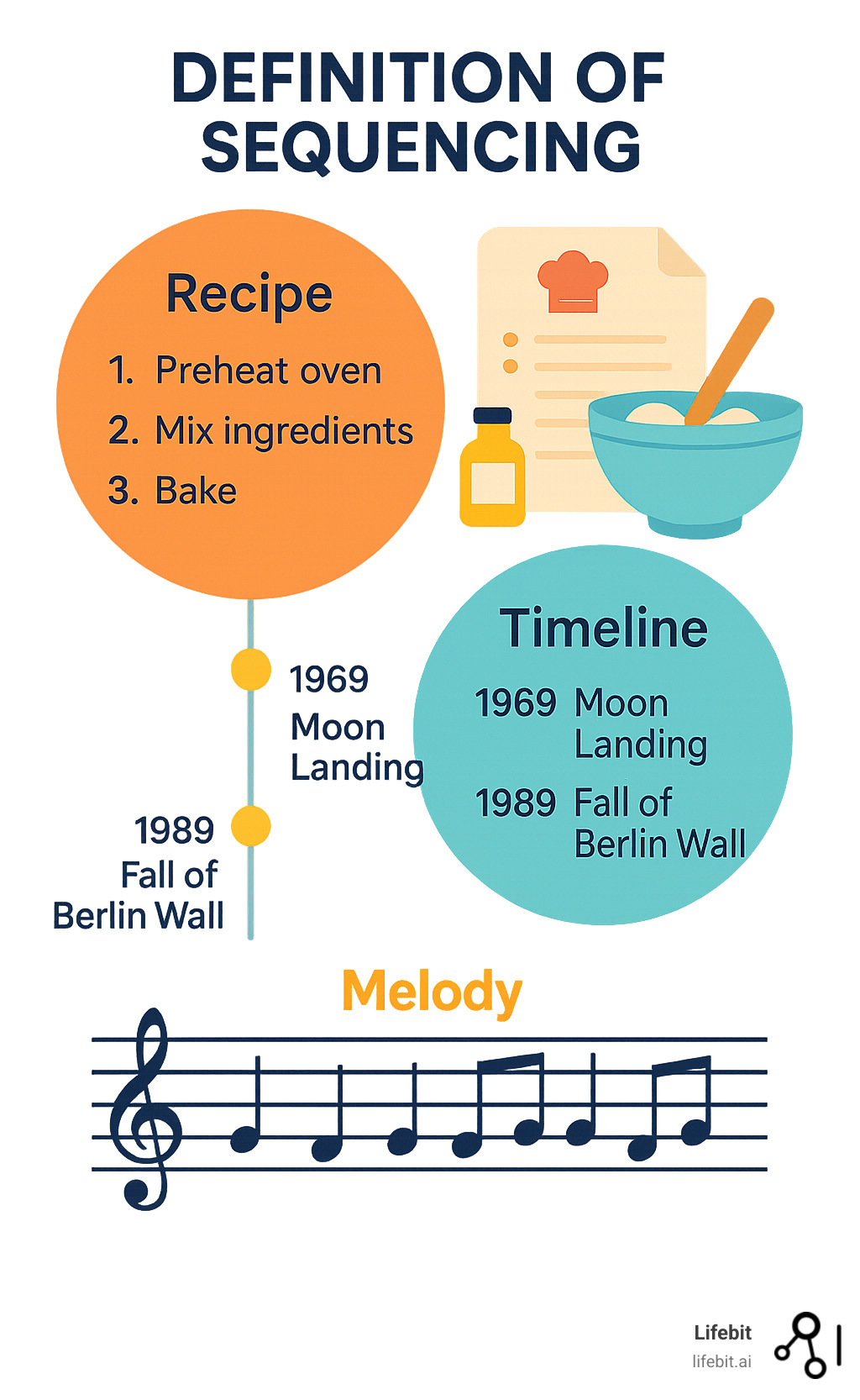 Infographic showing three examples of sequencing: a recipe with numbered steps (1. Preheat oven, 2. Mix ingredients, 3. Bake), a timeline showing historical events in chronological order (1969: Moon Landing, 1989: Fall of Berlin Wall, 1991: World Wide Web), and a musical staff with notes arranged in sequence to create a melody - definition of sequencing infographic 