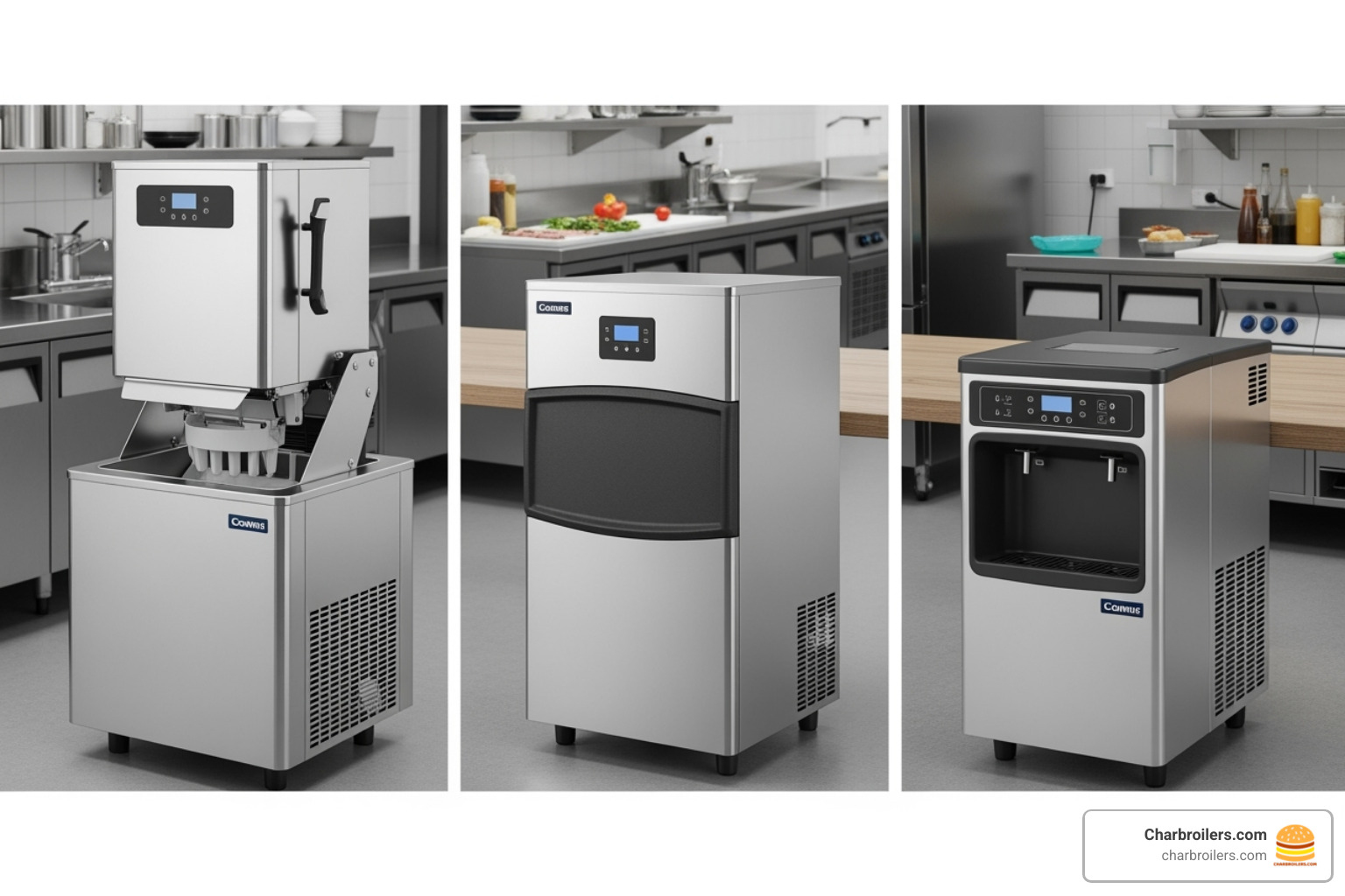 three different ice machine types side-by-side: a modular head on a bin, an undercounter unit, and a countertop dispenser - commercial ice making equipment