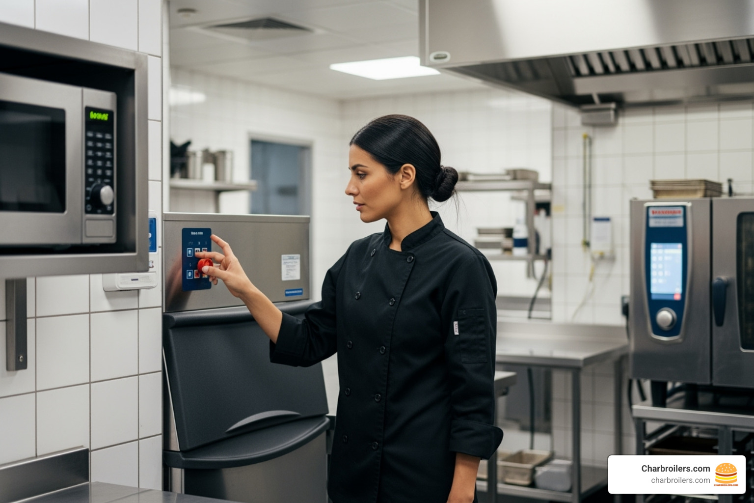 person inspecting the control panel of a commercial ice machine - commercial ice making equipment