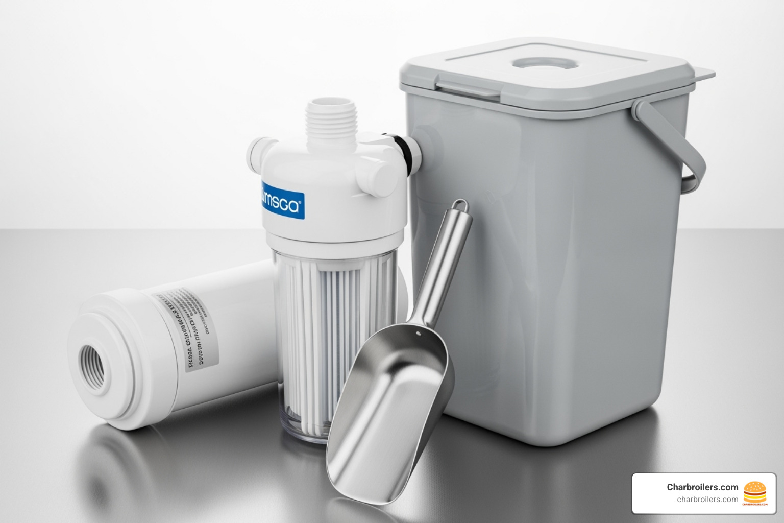 essential ice machine accessories like a water filter, ice scoop, and transport bucket - commercial ice making equipment