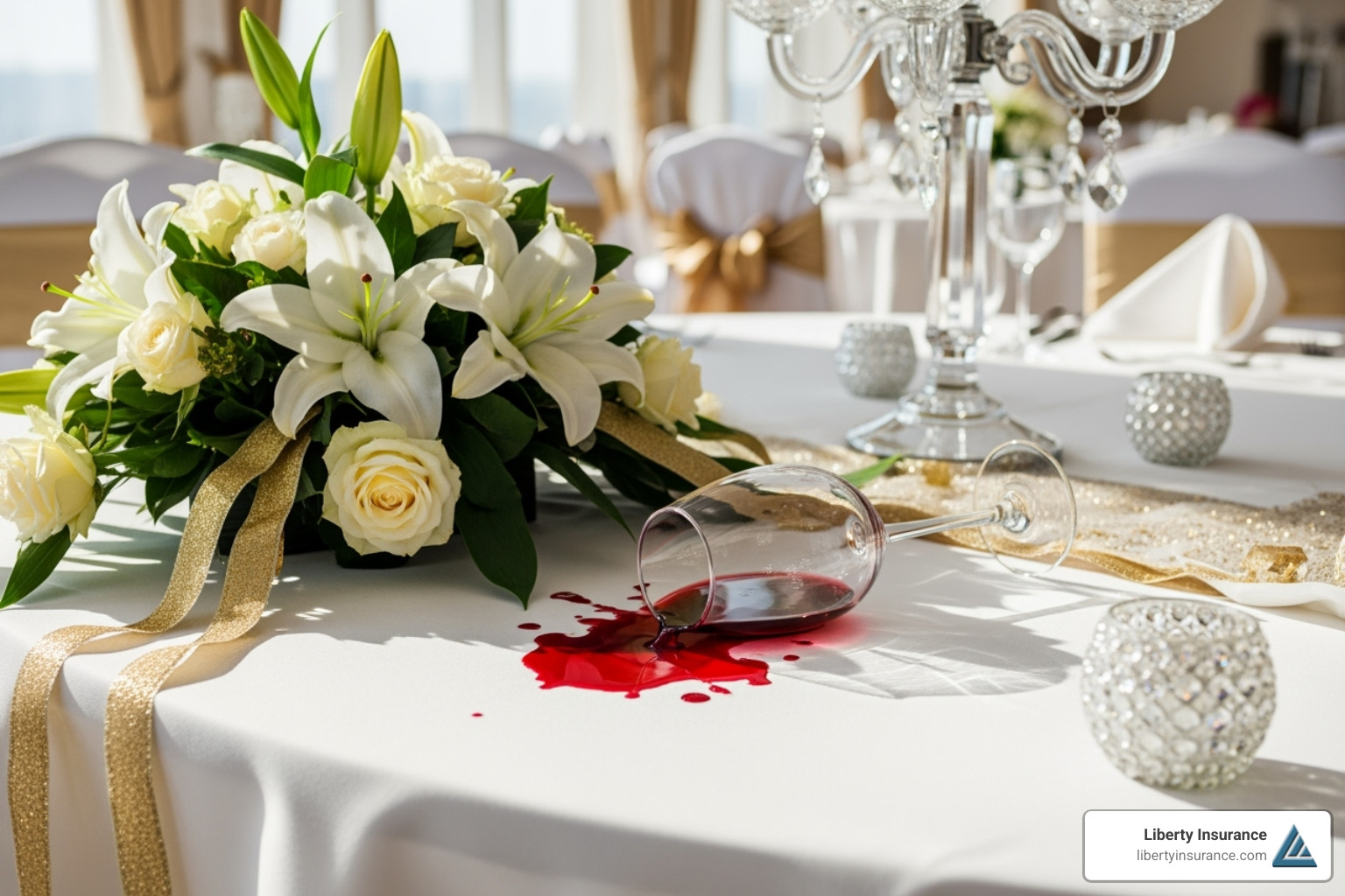 Image of a common wedding mishap like a spilled drink near expensive decor - wedding liability insurance