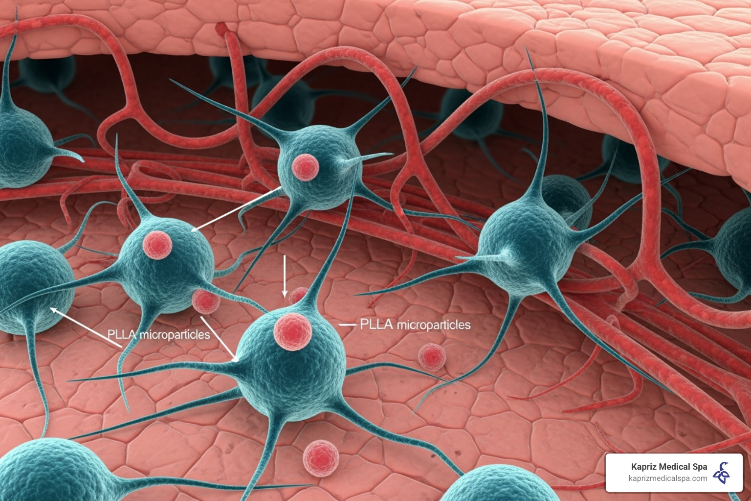 An image illustrating how Sculptra particles stimulate collagen production within the skin's dermal layer, showing fibroblasts responding to the PLLA microparticles to synthesize new collagen fibers. - sculptra for sagging jowls
