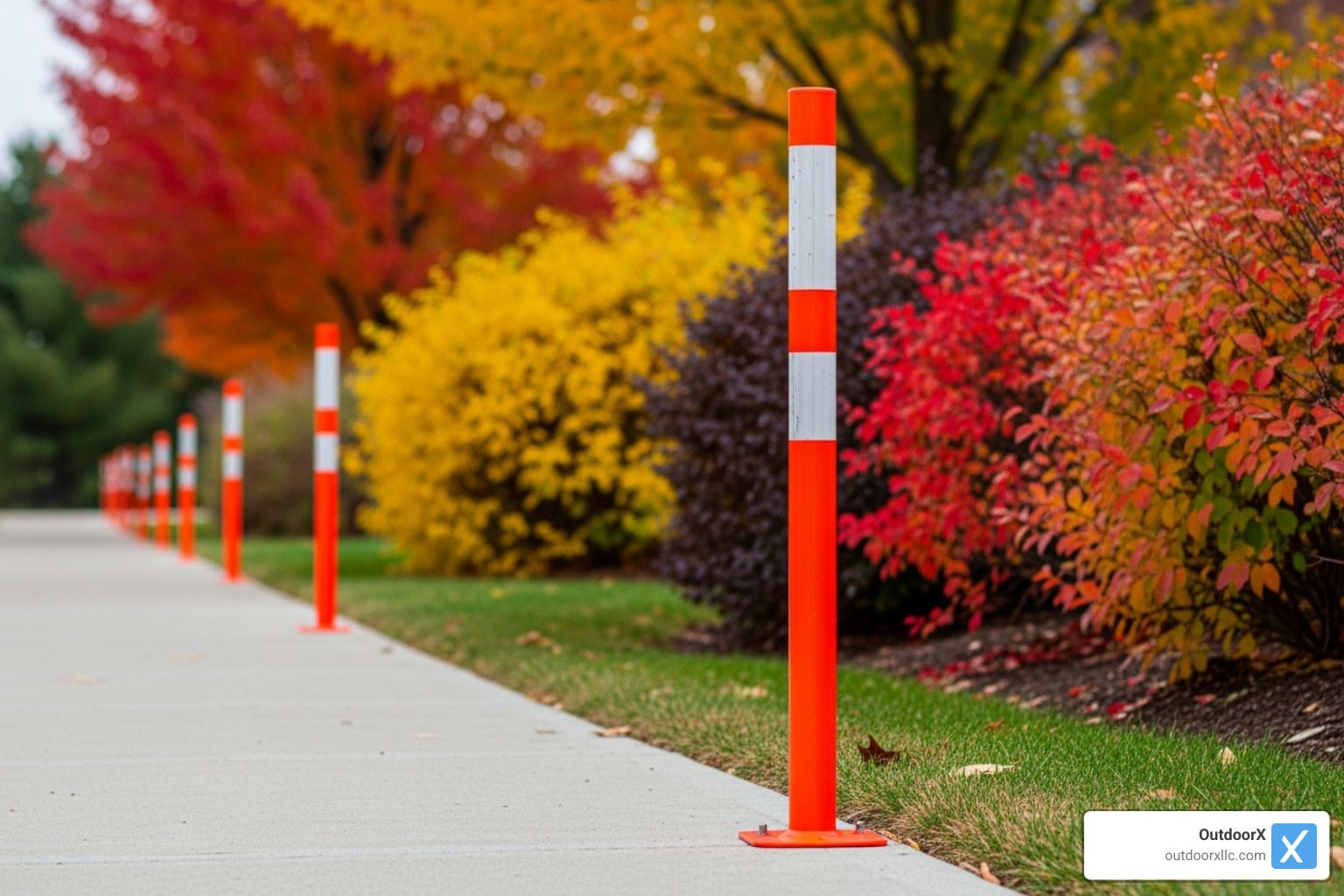 A striking image of high-visibility snow stakes marking the edge of a commercial walkway against a backdrop of vibrant autumn foliage, indicating proactive winter preparation. - commercial landscaping winter A striking image of high-visibility snow stakes marking the edge of a commercial walkway against a backdrop of vibrant autumn foliage, indicating proactive winter preparation. - commercial landscaping winter
