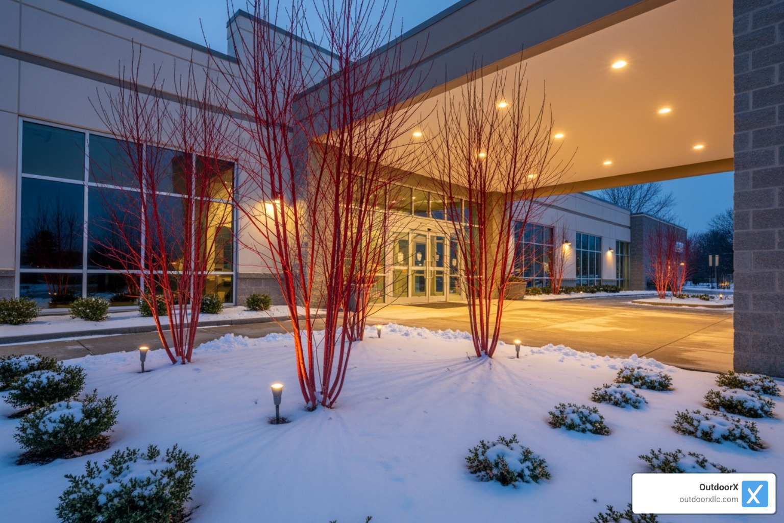 A commercial entrance in Essex County is beautifully illuminated, featuring striking winter-interest plants like red-twig dogwood with its vibrant red stems and warm, inviting landscape lighting, showcasing year-round aesthetic appeal. - commercial landscaping winter A commercial entrance in Essex County is beautifully illuminated, featuring striking winter-interest plants like red-twig dogwood with its vibrant red stems and warm, inviting landscape lighting, showcasing year-round aesthetic appeal. - commercial landscaping winter
